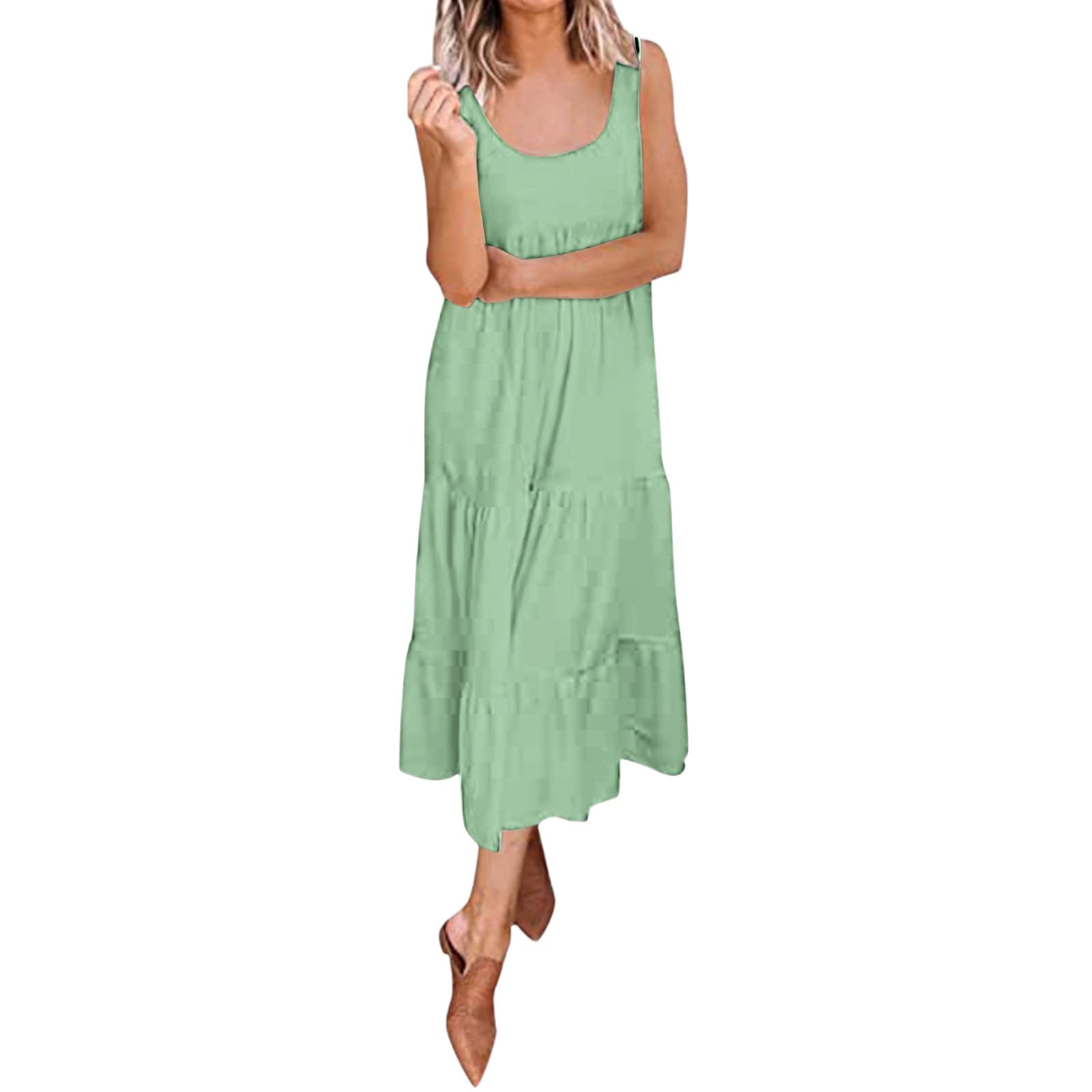 LVOFTJU Women's Sleeveless Scoop Neck Casual Dress - Soft Loose Pleated Flowy Swing Dress for Summer, Beach, Party & Everyday Wear (White)
