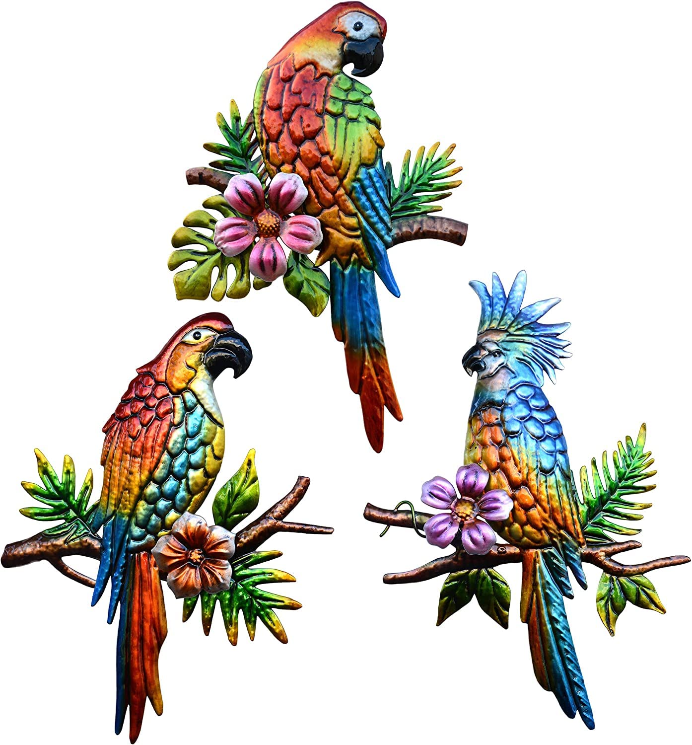 Voumsil 3-Piece Tropical Parrot Metal Wall Art Decor - Handcrafted Bird Sculpture for Indoor & Outdoor Use - Perfect for Patio, Balcony, Garden, Fence, Living Room & Bedroom Wall Decoration