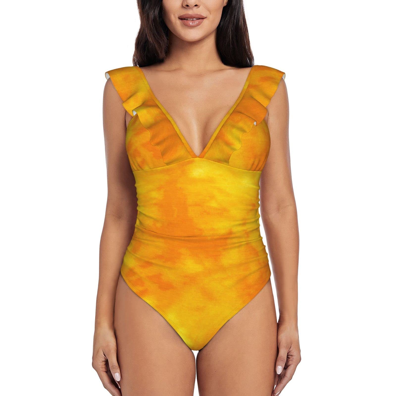 VVGHOPOI Women's Tie Dye One Piece Swimsuit - Colorful Watercolor Print Ruffled Shoulder Bathing Suit for Beach, Pool Party & Summer Vacation