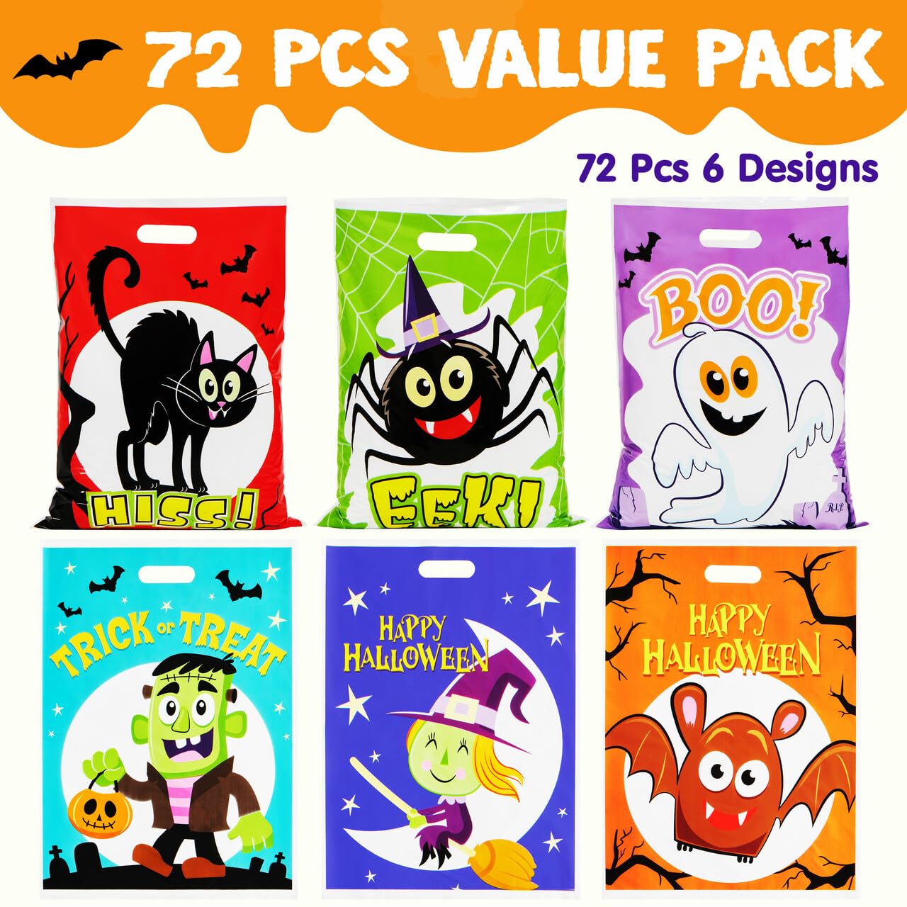 JOYIN 72-Piece Halloween Candy Bags for Trick or Treat - 6 Fun Character Designs, Plastic Goodie Bags for Halloween Party Favors & Supplies | Perfect for Classroom Treats, Neighborhood Trick-or-Treating & Halloween Party Giveaways