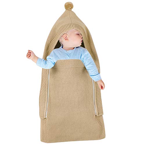 Petyoung Baby Wrap Swaddle Blanket - Hooded with Pompom, Soft Knit Sleeping Bag for Newborns 0-6 Months, Zipper Stroller Wrap for Easy Diaper Changes - Perfect for Naptime, Travel & Outdoor Adventures