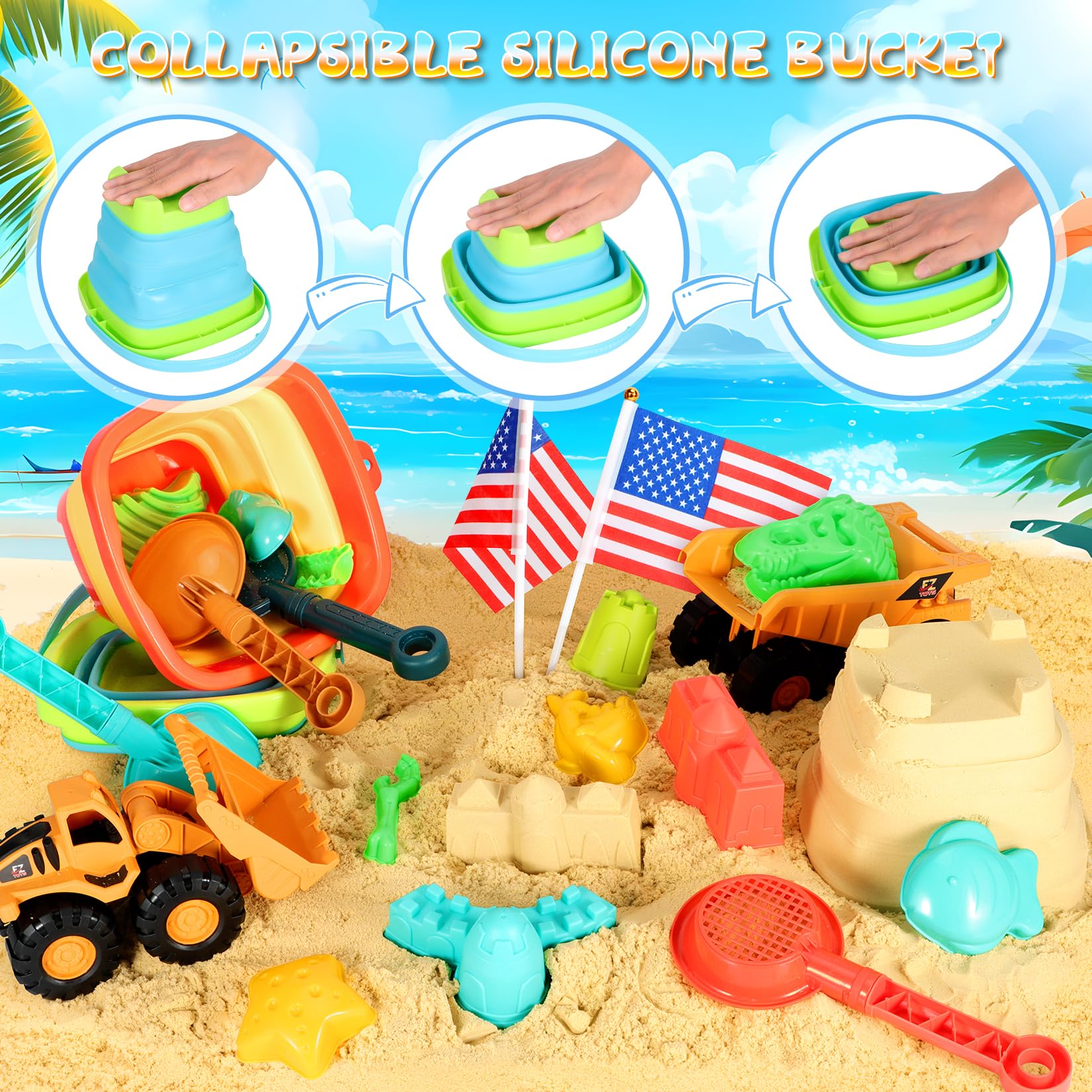 29PCS Beach Sand Toys Set for Kids Ages 3-10 - 2 Collapsible Buckets, 2 Dump Trucks, Dinosaur Molds, Castle Kit, Shovels & Mesh Storage Bag | Outdoor Sandbox & Travel Beach Toys for Toddlers | Perfect for Beach Vacations, Backyard Play & Summer Activities