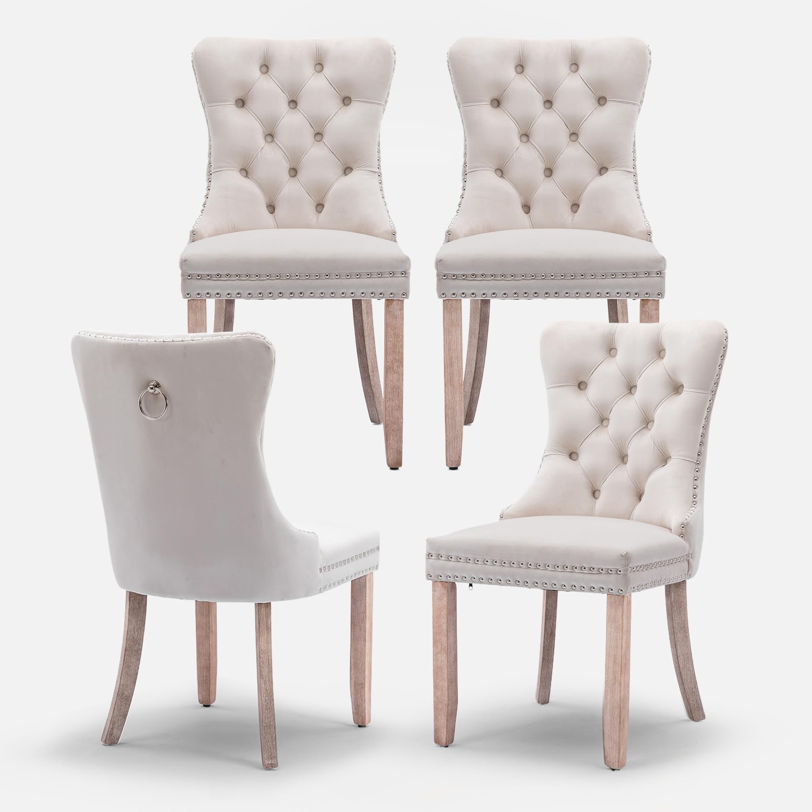 Velvet Upholstered Dining Chairs Set of 4 - Modern Kitchen Side Chairs with Nailhead Trim & Solid Wood Legs - Metal Pulling Ring Accent - Beige Upholstery for Dining Room, Living Room, Kitchen Island & Breakfast Nook - Comfortable Seating for Home Decor (Set of 4)