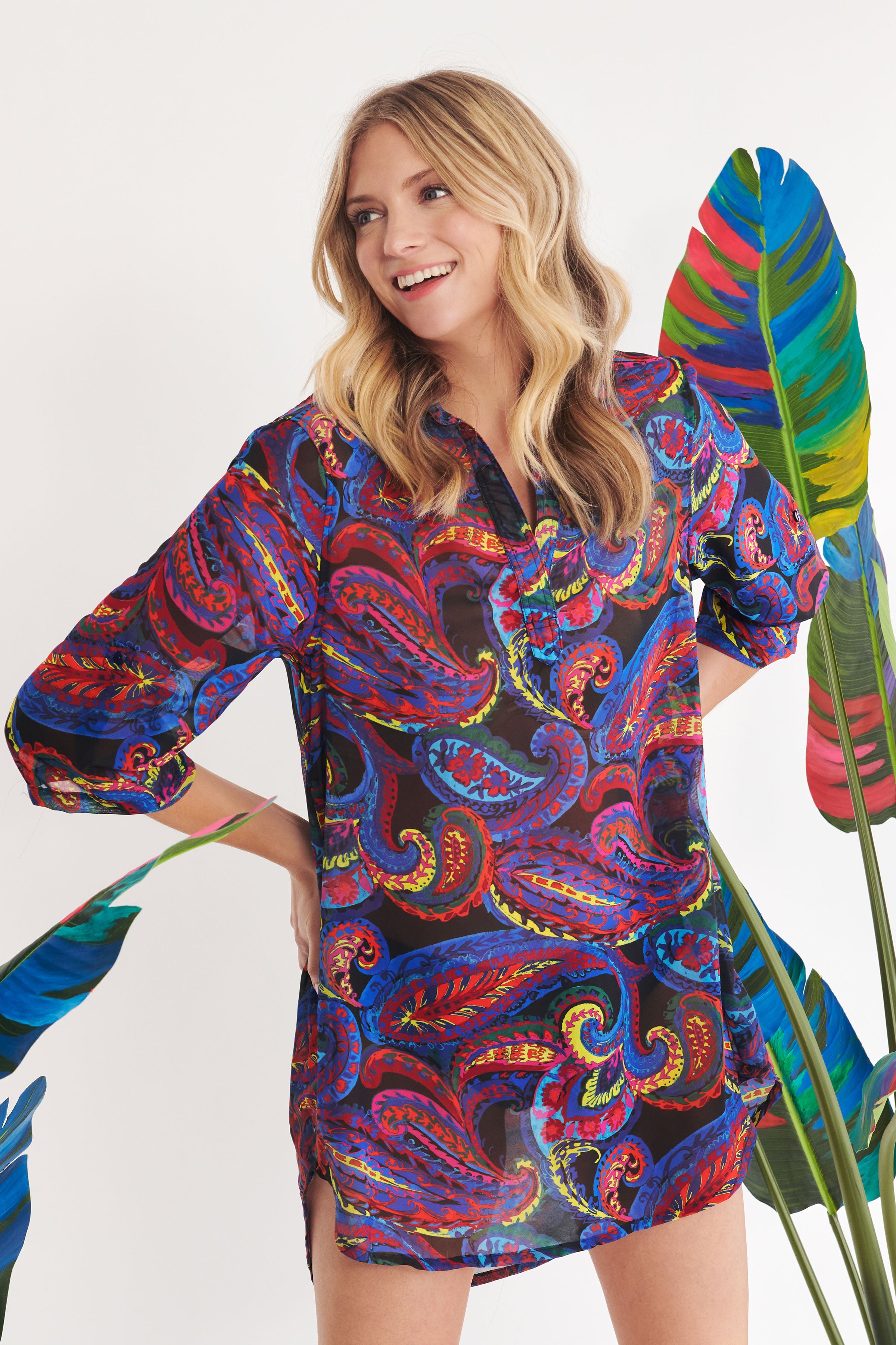 French Paisley Collared Pullover Tunic Coverup - Stylish Beach Cover-Up & Casual Loungewear for Women
