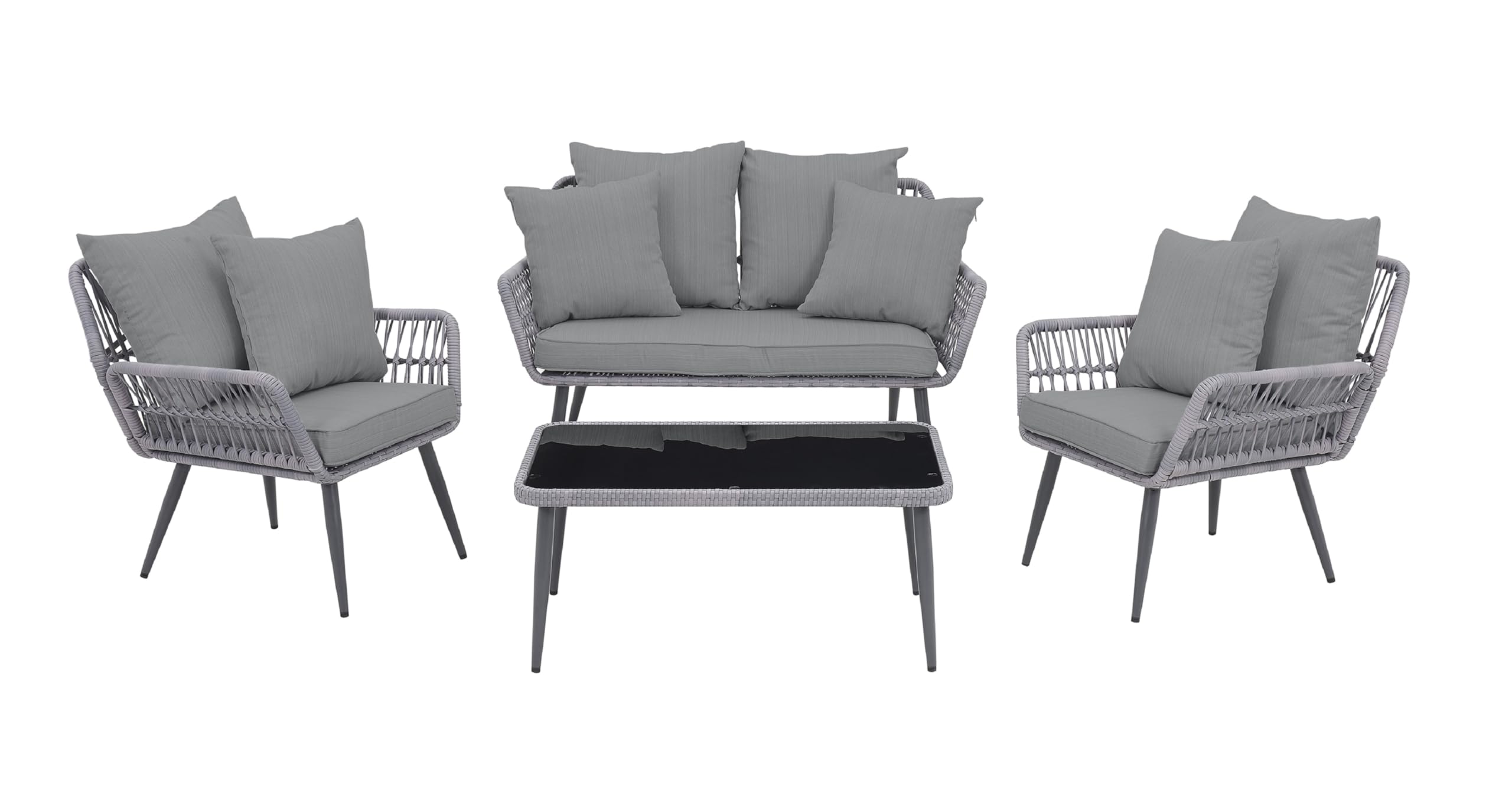 Portofino 4-Piece Outdoor Patio Furniture Set with Waterproof Cushions - Rope Wicker Design Includes 2 Armchairs, Loveseat & Tempered Glass Coffee Table - Grey Conversation Set for Garden, Poolside & Backyard Relaxation
