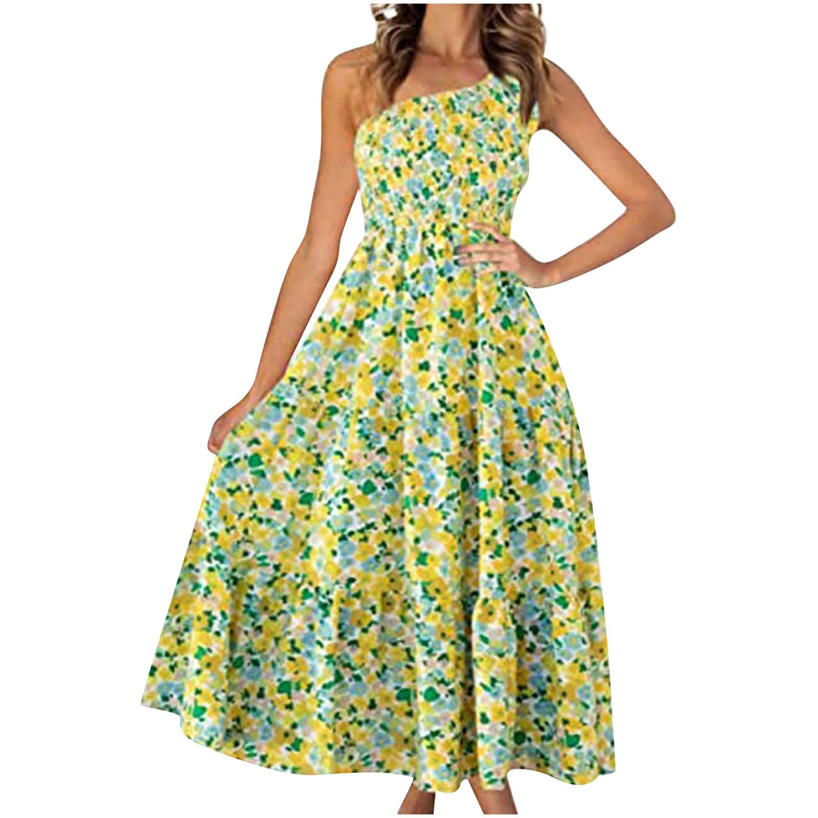 Women's Summer Maxi Dress - Casual Boho/Bohemian Sleeveless One Shoulder Smocked Tiered Long Beach Sun Dress | Perfect for Beach Vacations, Music Festivals & Summer Outings