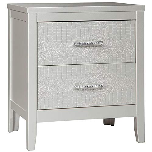 BOWERY HILL 2 Drawer Nightstand in Metallic Silver - Modern Bedside Table for Bedroom, Living Room & Guest Room - Compact Storage Cabinet with Smooth Gliding Drawers