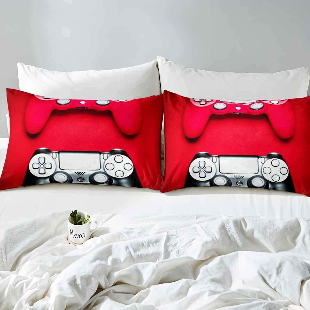 Feelyou Gaming Bedding Set - Red Video Game Controller Printed Queen Size Comforter with 2 Pillowcases for Teens & Boys | 3-Piece Gamer Duvet Quilt Set | Perfect for Gaming Rooms, Sleepovers & Teen Bedroom Decor (Black)