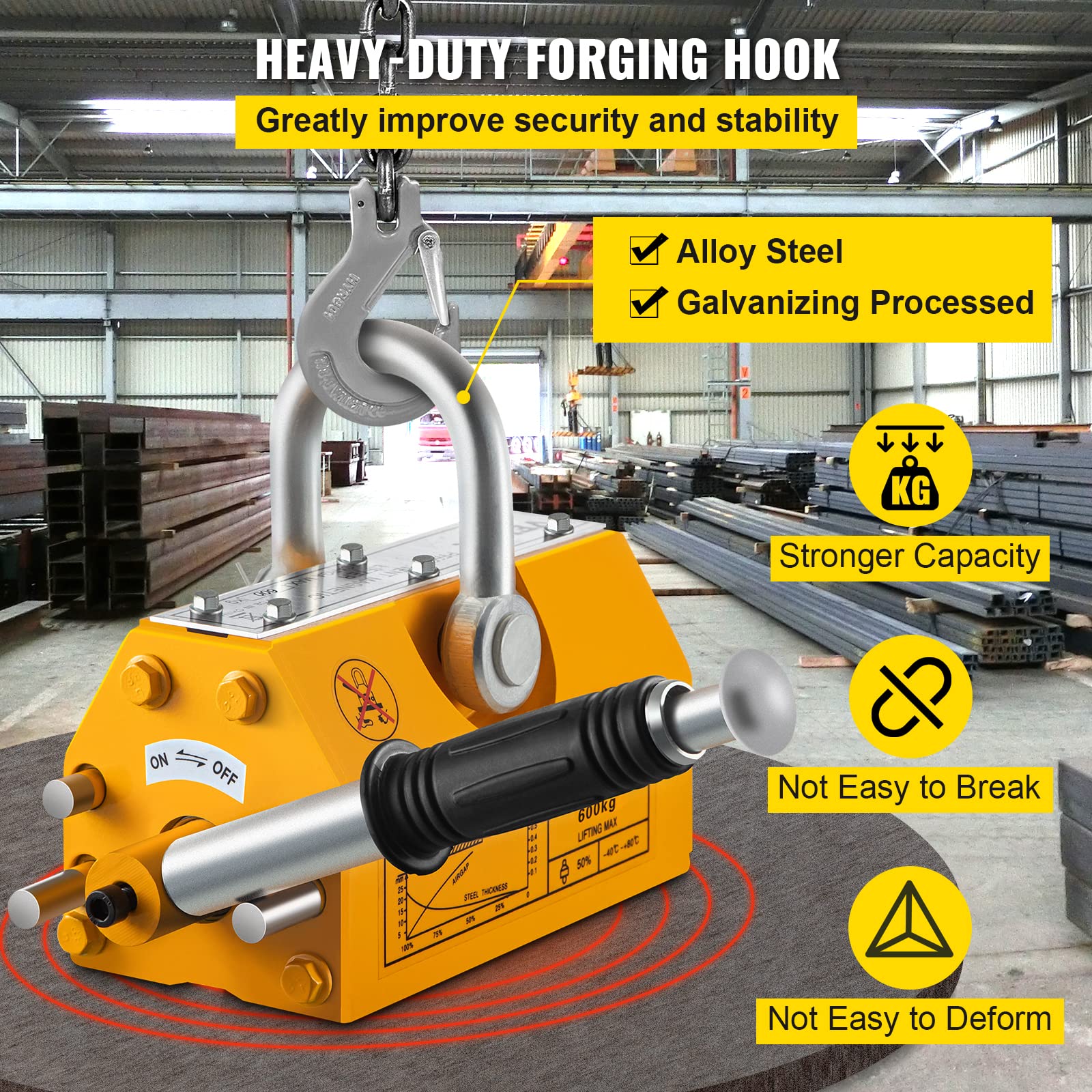 VEVOR 1320lbs Magnetic Lifter - 600KG Permanent Lifting Magnet with Handle for Steel & Metal Equipment - Heavy Duty Shop Crane for Material Handling - Ideal for Construction, Warehouses & Manufacturing