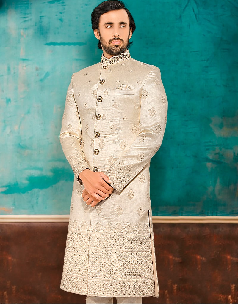 Elegant Beige Kurta with Brocade Embroidery - Traditional Indian Churidar Suit for Women - Perfect for Festivals, Weddings & Special Occasions
