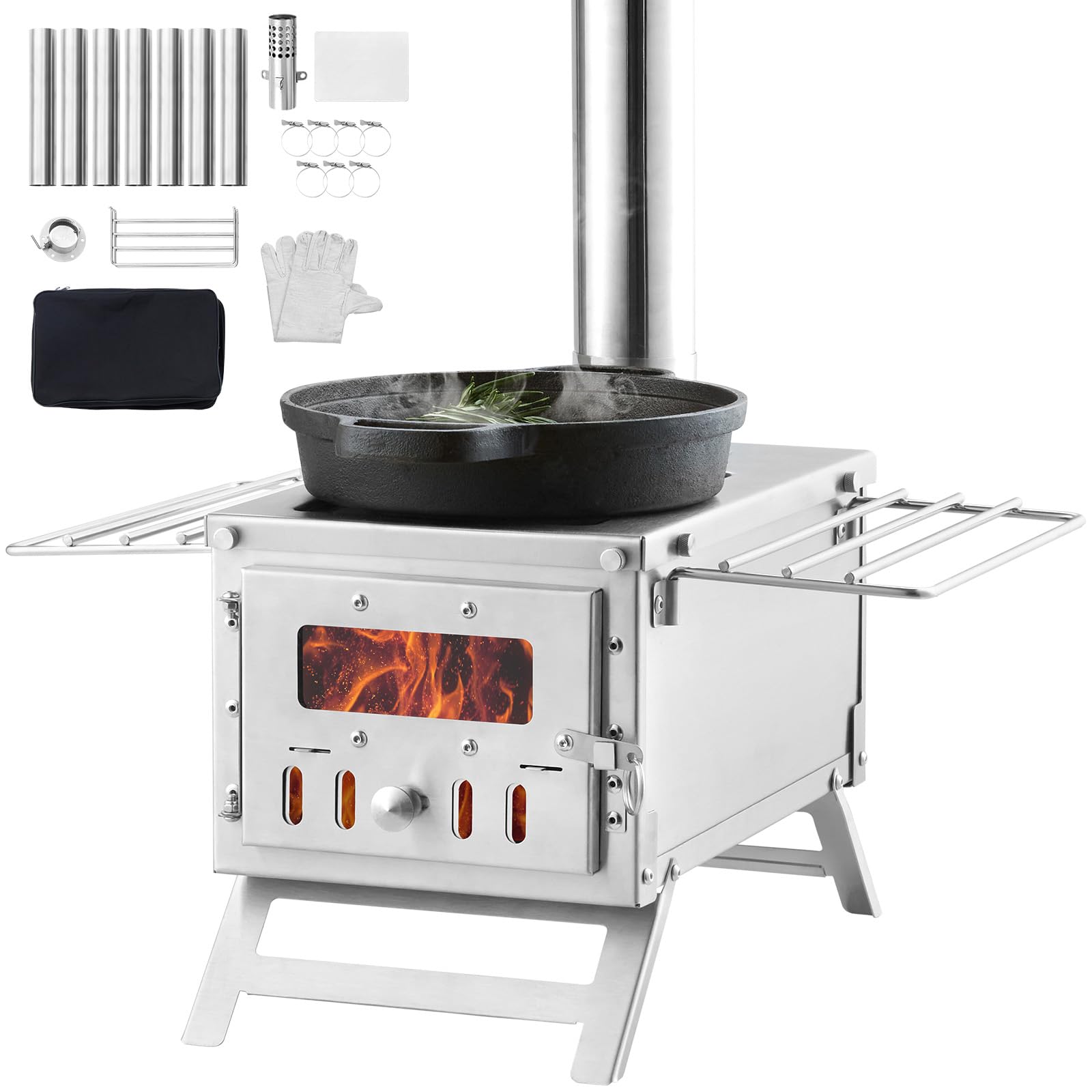 VEVOR Portable Stainless Steel Camping Wood Stove with Chimney Pipes & Gloves - 700in³ Firebox for Outdoor Cooking, Heating, Survival - Perfect for Hot Tents, Hunting Cabins, Backpacking & Emergency Preparedness