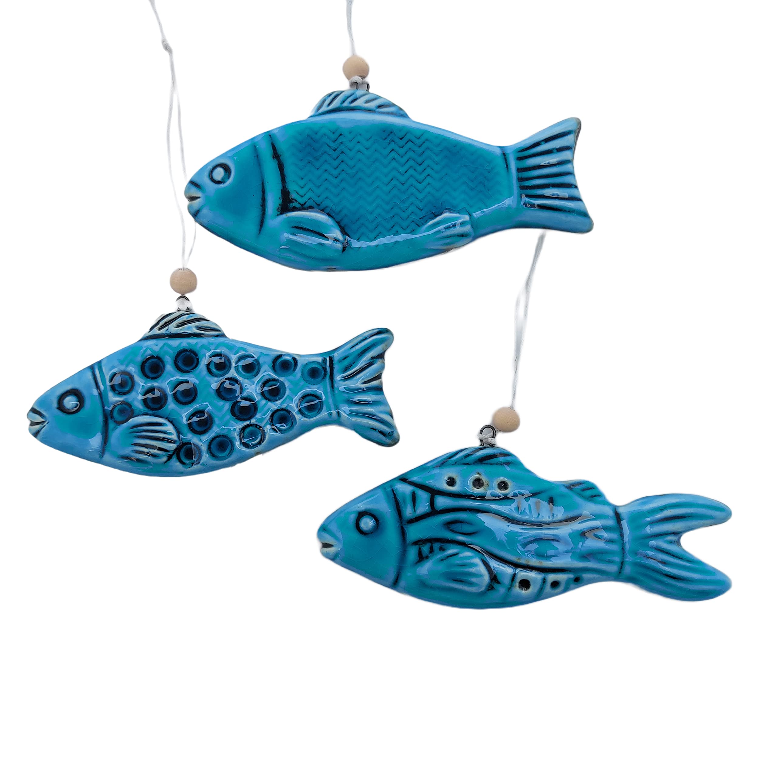 Handmade Ceramic Wall Decor - Set of 3 Textured Glazed Medium Fish Hanging Ornaments for Living Room, Bedroom, Bathroom, Kitchen & Farmhouse Decor | Perfect for Coastal, Boho & Rustic Home Styling