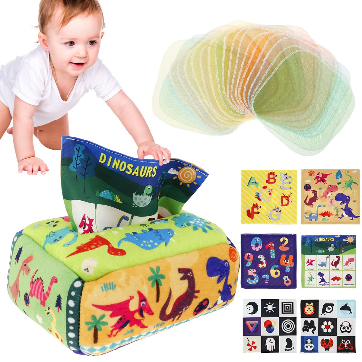 **Montessori Baby Tissue Box Toy - Sensory Crinkle & High Contrast Learning Toy for Newborns 6-12 Months | Educational Infant Toy for Early Development, Stocking Stuffer Gift (Great for Tummy Time & Playtime)**