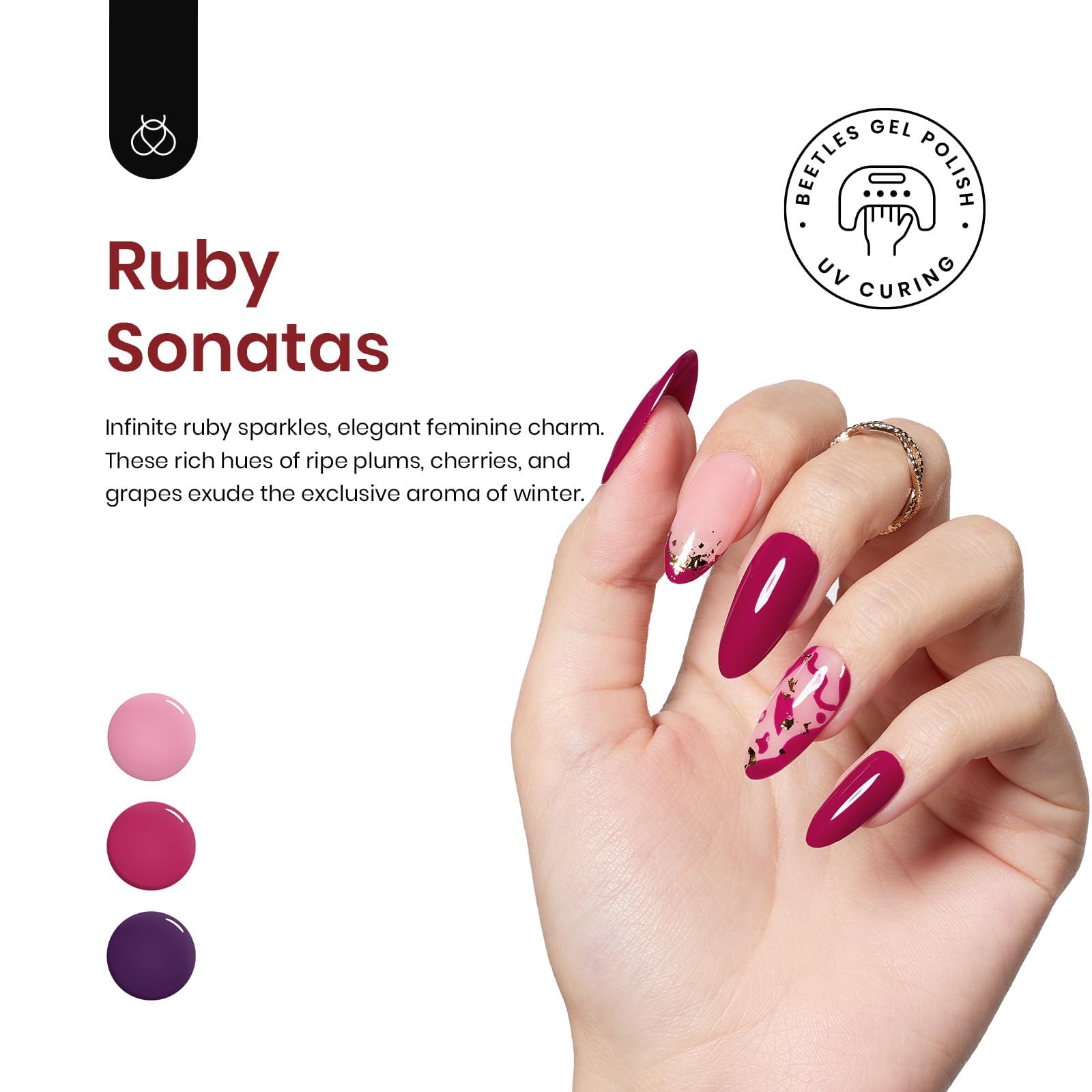 Beetles Gel Nail Polish Set - 6 Colors (Peach, Pink, Purple, Burgundy, Red Glitter) Ruby Sonatas Collection | Soak Off UV/LED Cured Nail Art Polish for Women | DIY Manicure at Home | Perfect for Parties, Weddings & Special Occasions