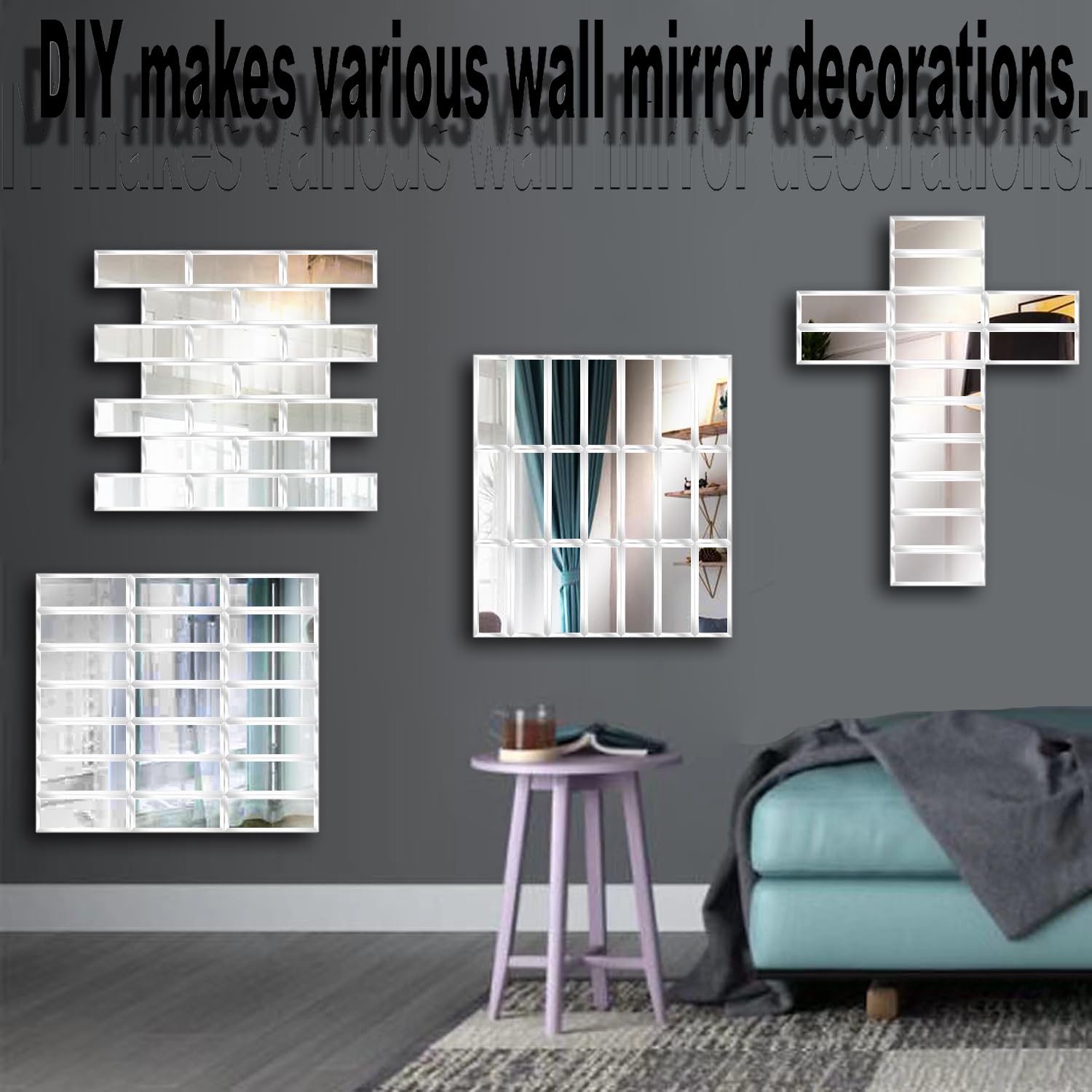 Peel and Stick Beveled Mirror Glass Tiles - 2.5x1 Inch Self-Adhesive Backsplash Tiles for Kitchen & Bathroom Wall Decor - Set of 32 Mirror Mosaic Strips - Perfect for Accent Walls, Vanity Areas, and DIY Home Improvement Projects
