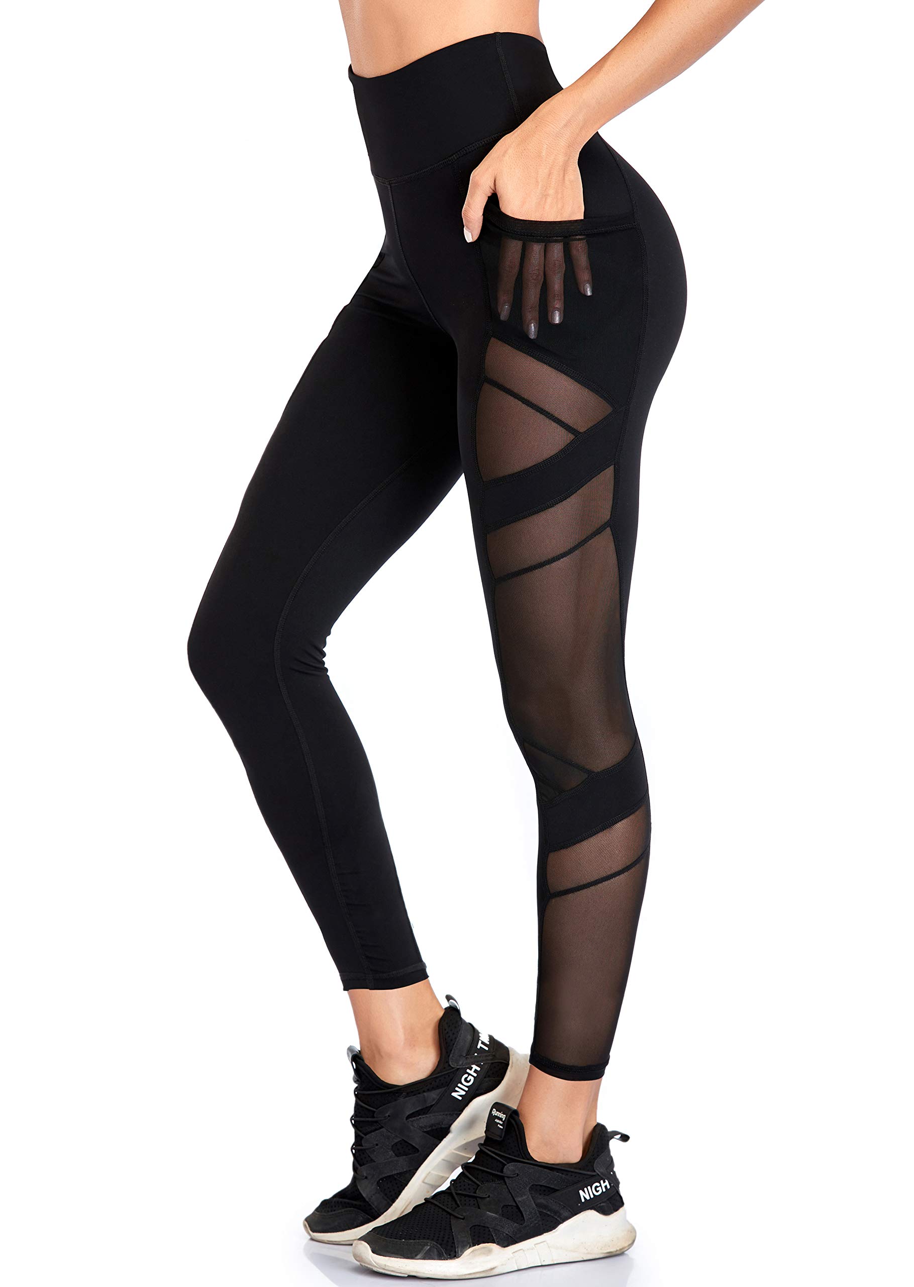Women's High Waist Yoga Pants with Pockets - 4-Way Stretch Tummy Control Workout Leggings for Running, Gym & Lounge | Breathable Mesh Fitness Pants