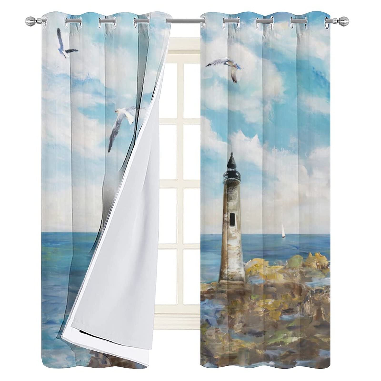 Nautical Lighthouse Seagull Ocean Waves Blackout Curtains - Thermal Insulated Room Darkening Grommet Curtain Panels for Bedroom & Living Room (2 Panels, 63