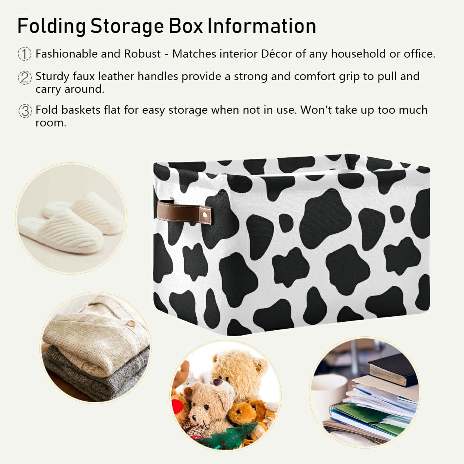 Black and White Cow Print Collapsible Storage Basket with Leather Handles - Rectangular Storage Bin for Nursery, Kitchen, School Organization | Perfect for Baby Clothes, Toys, Books & Home Decor