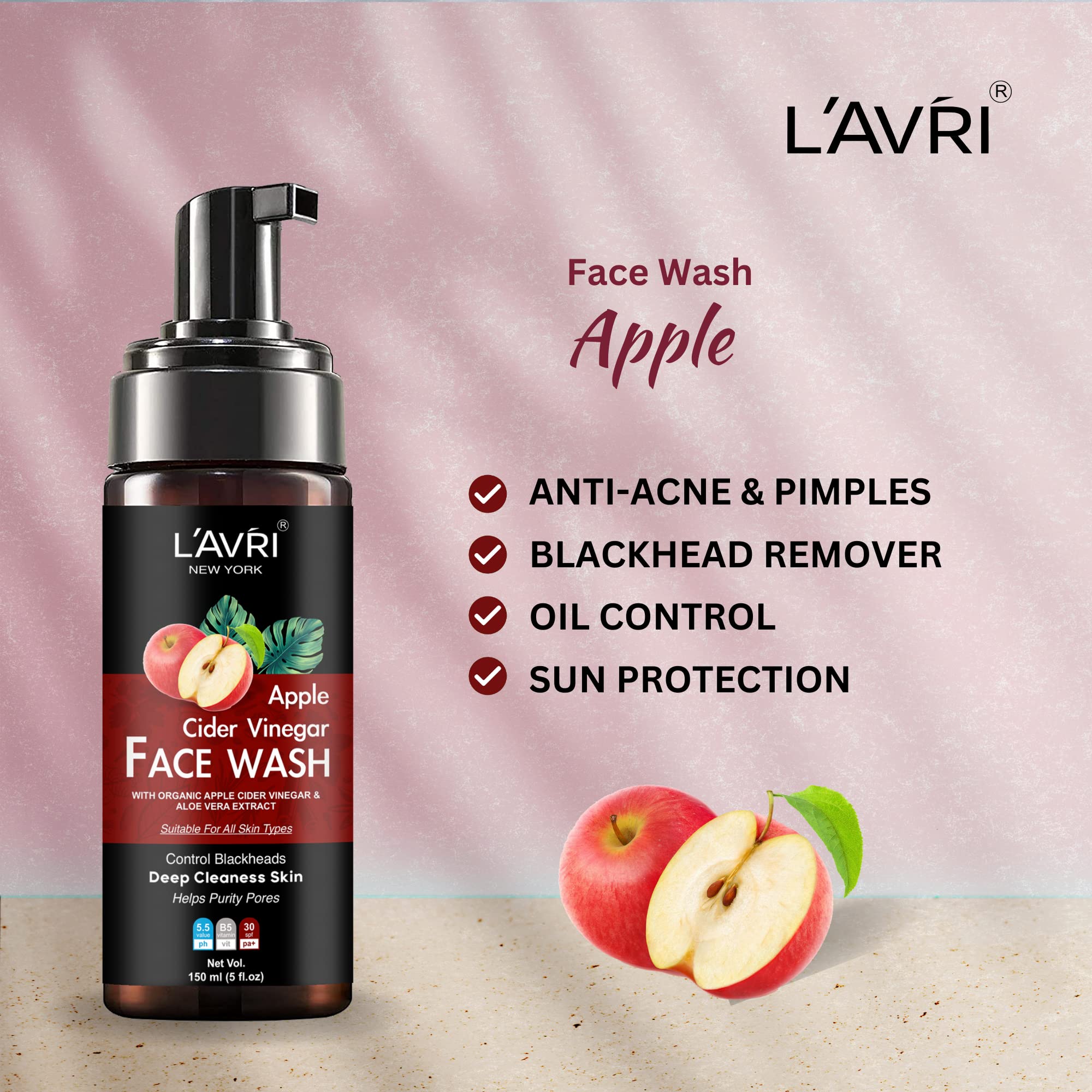 LAVRI Apple Face Wash 150ml - Gentle Cleanser for All Skin Types, Hydrating & Refreshing, Vegan & Cruelty-Free - Perfect for Daily Skincare Routine & Travel