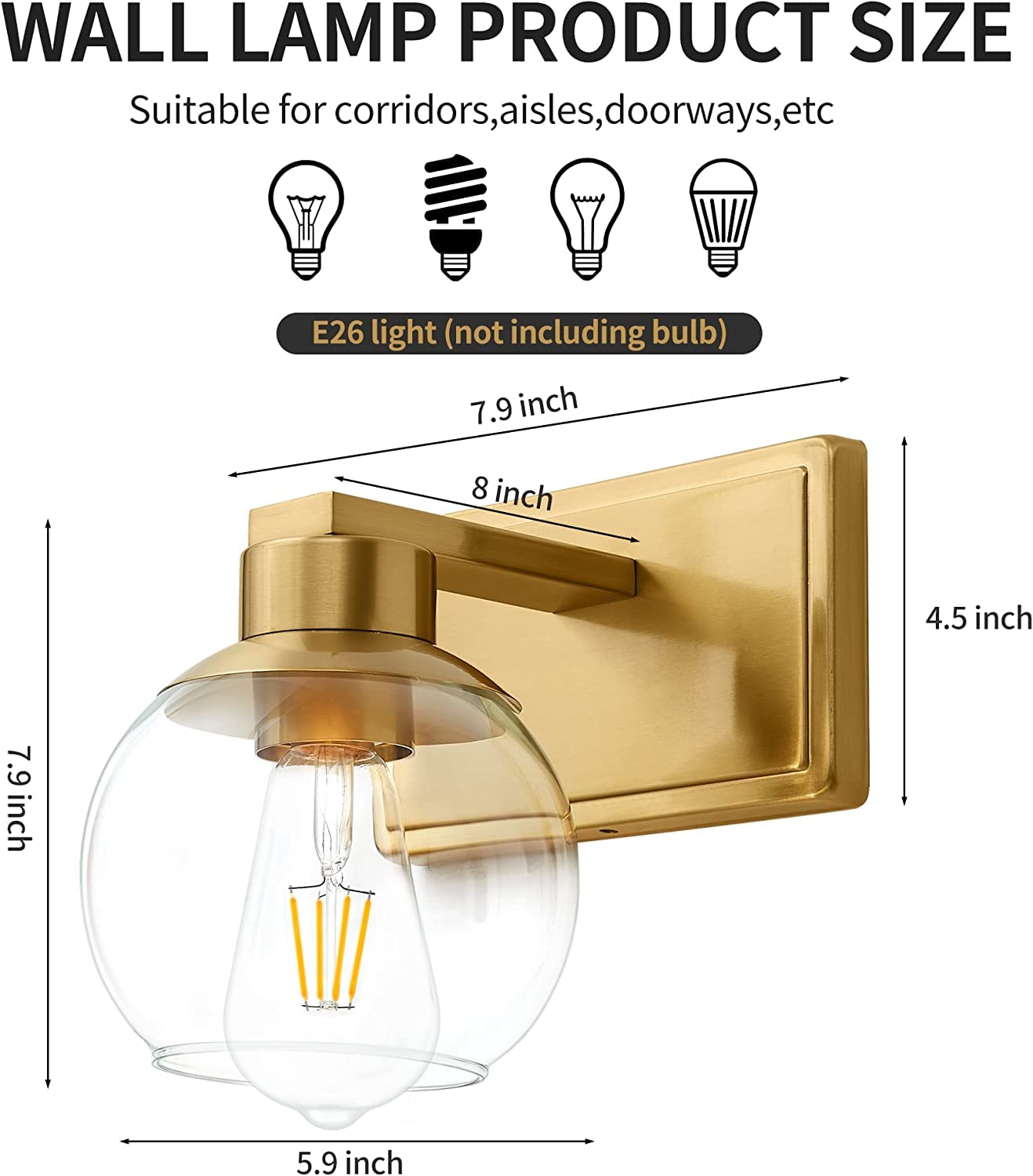 Brushed Brass Wall Sconces Set of 2 - Clear Glass Lamp for Bedroom, Bathroom & Living Room Lighting