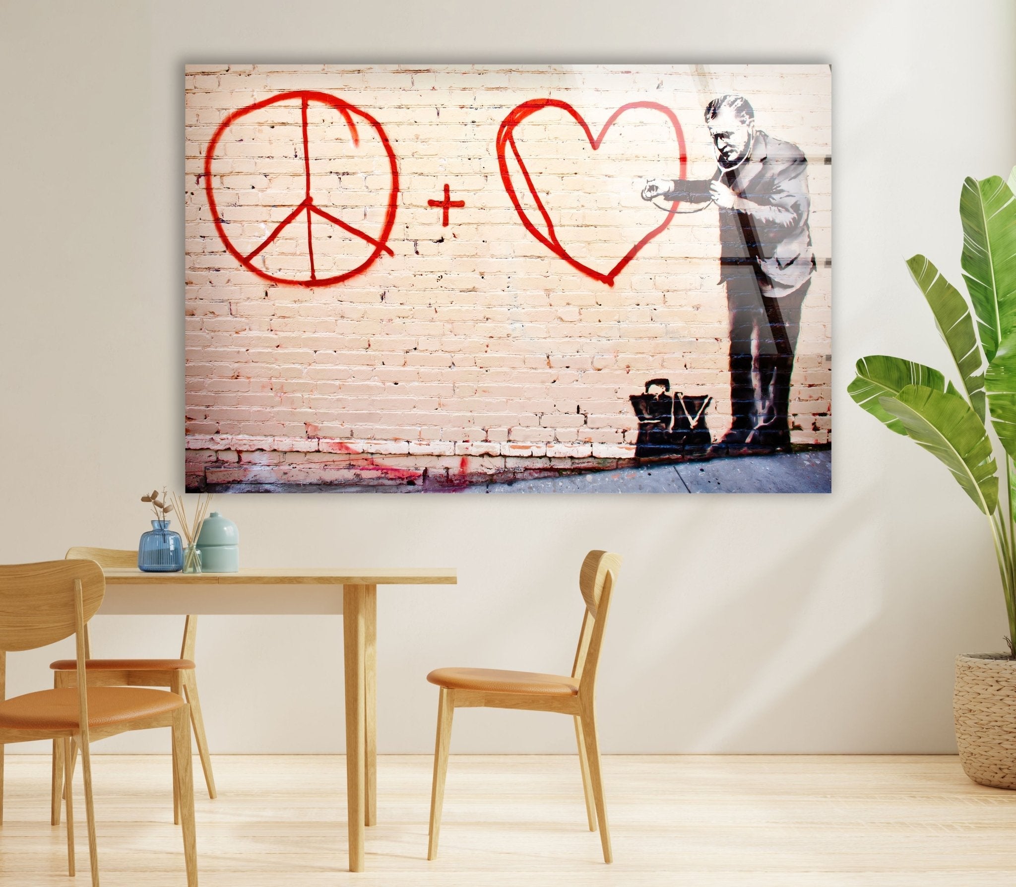 Banksy Peace and Love Glass Wall Art - Modern Home Decor for Living Room, Bedroom & Office - Unique Street Art Inspired Glass Panel
