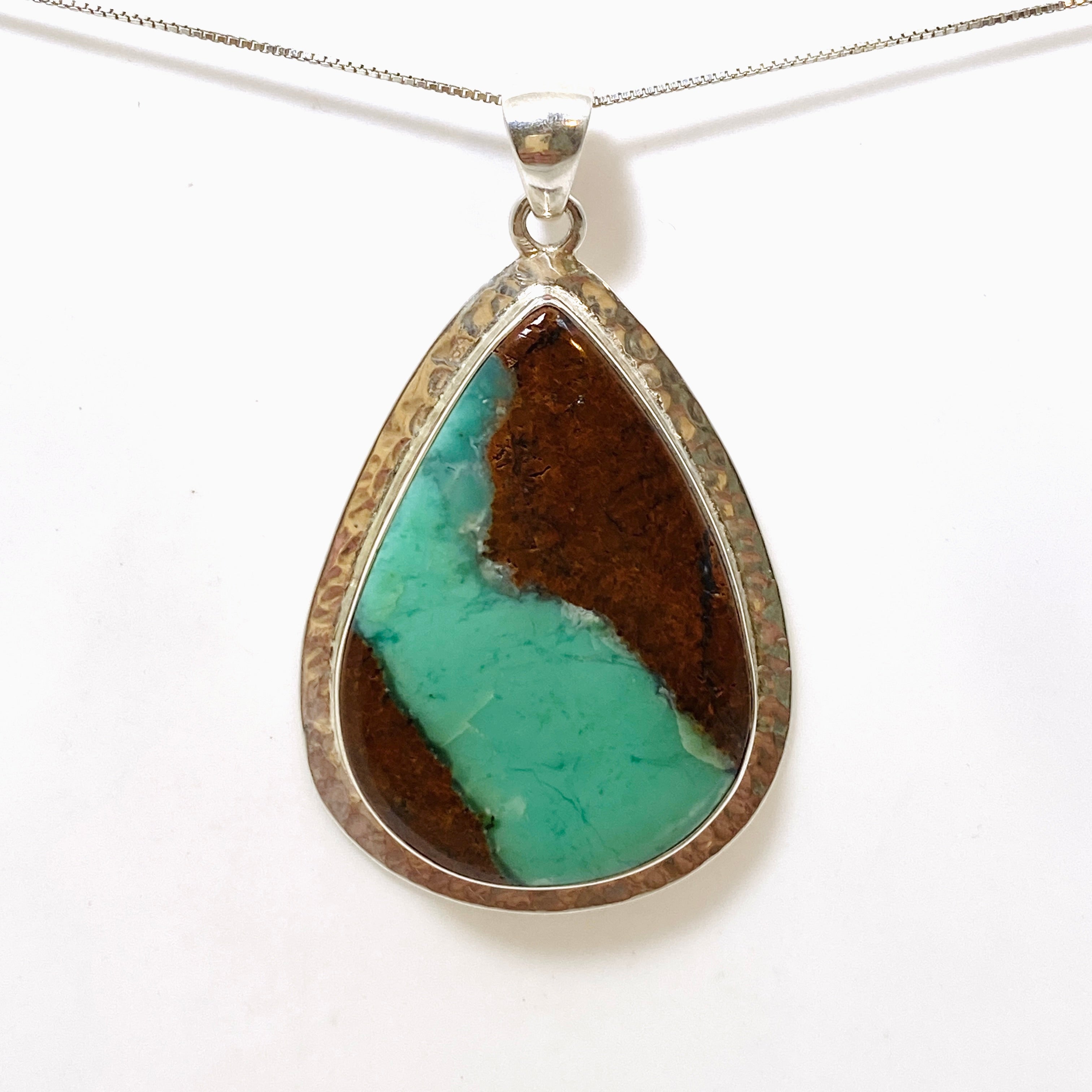 Natural Chrysoprase Teardrop Cabochon Pendant in Handcrafted Hammered Silver Setting KPGJ4714 | Elegant Jewelry Gift for Women, Perfect for Weddings & Special Occasions
