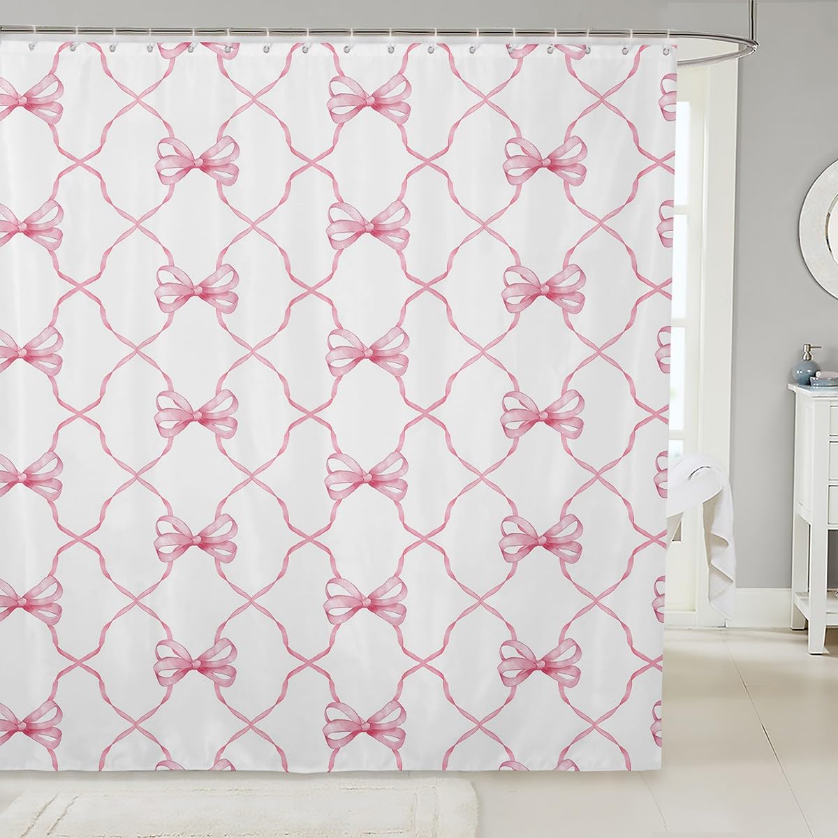 Erosebridal Pink Bow Bath Curtain - 72x72 Inch Cute Bowknot Shower Curtain with Watercolor Grid Design for Girls, Teens & Women - Kawaii Bathroom Decor for Kids' Rooms, Teen Bedrooms & Feminine Bathrooms