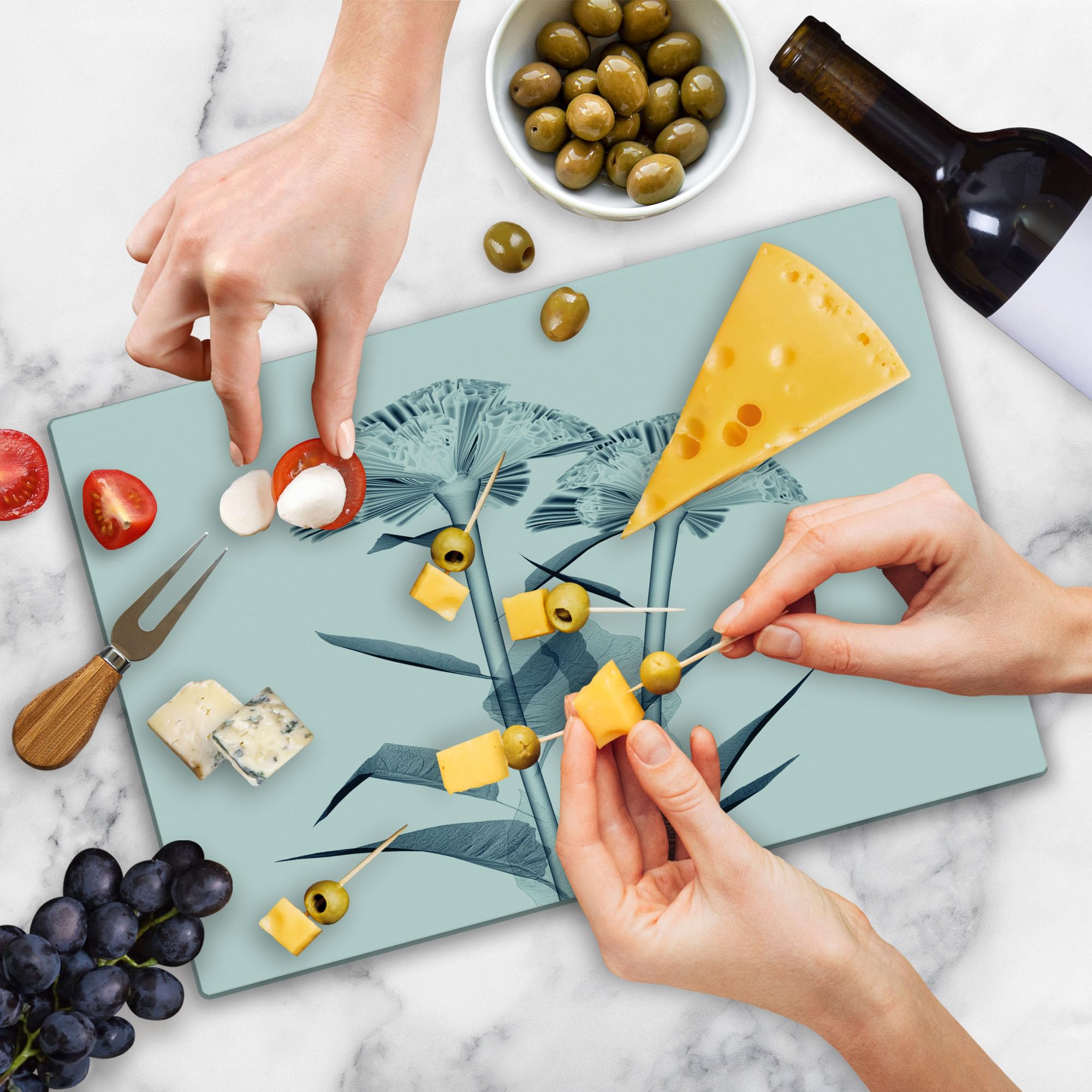 Ambesonne Floral X-Ray Cutting Board - Tempered Glass Serving Tray with Unique Flower Radiography Design, Large Teal & White Decorative Board for Kitchen, Dining & Gift Giving
