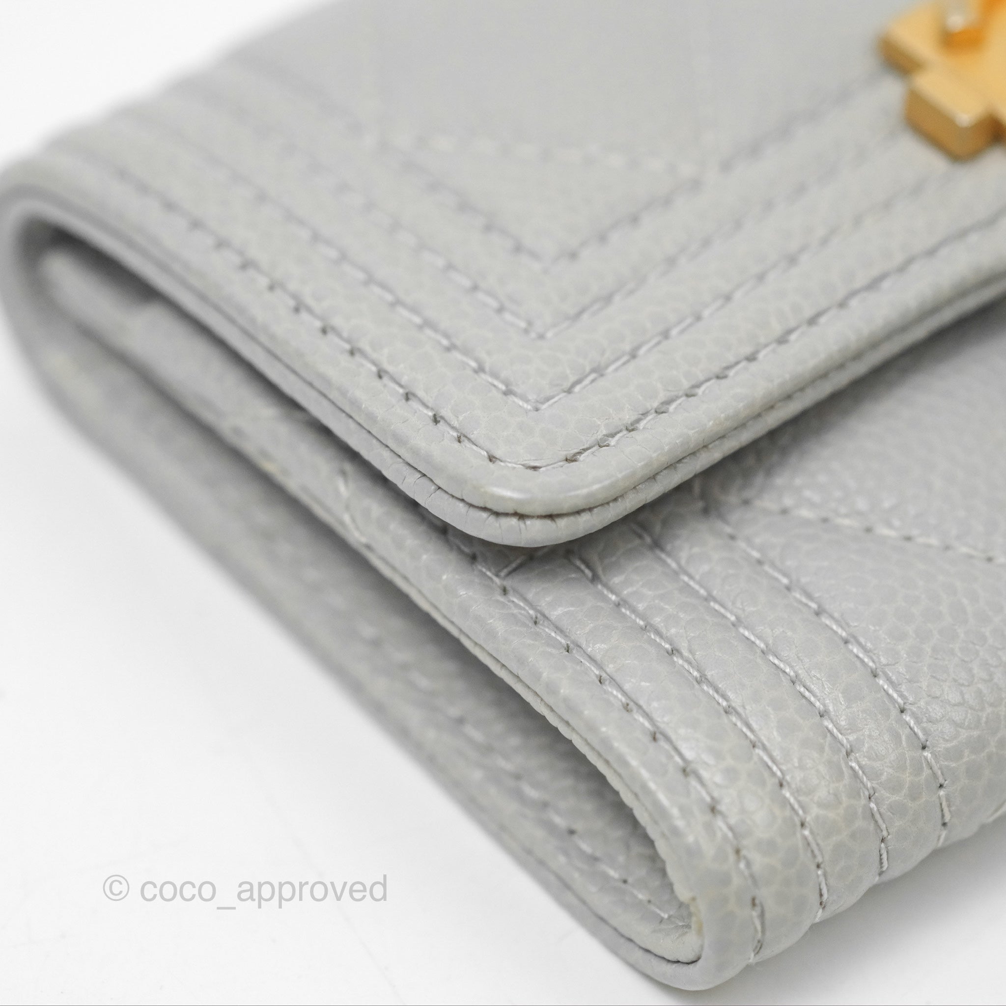 Chanel Boy Quilted Flap Card Holder Wallet in Grey Caviar Leather with Aged Gold Hardware - Perfect for Everyday Use & Luxury Gift Giving