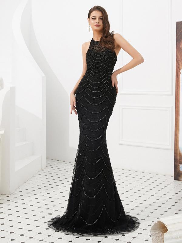 Elegant Black Lace Mermaid Prom Dress with Heavy Beading - Halter Neck Evening Gown for Formal Parties, Homecoming, and Special Occasions