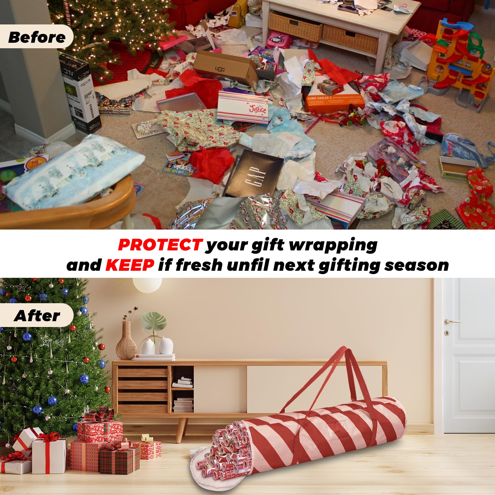 Premium Christmas Wrapping Paper Organizer - Gift Wrap & Holiday Decorations Storage Bag with Round Red Stripe Design - Perfect for Organizing Xmas, Birthday & Party Supplies (Ideal for Home, Office & Craft Room Organization)