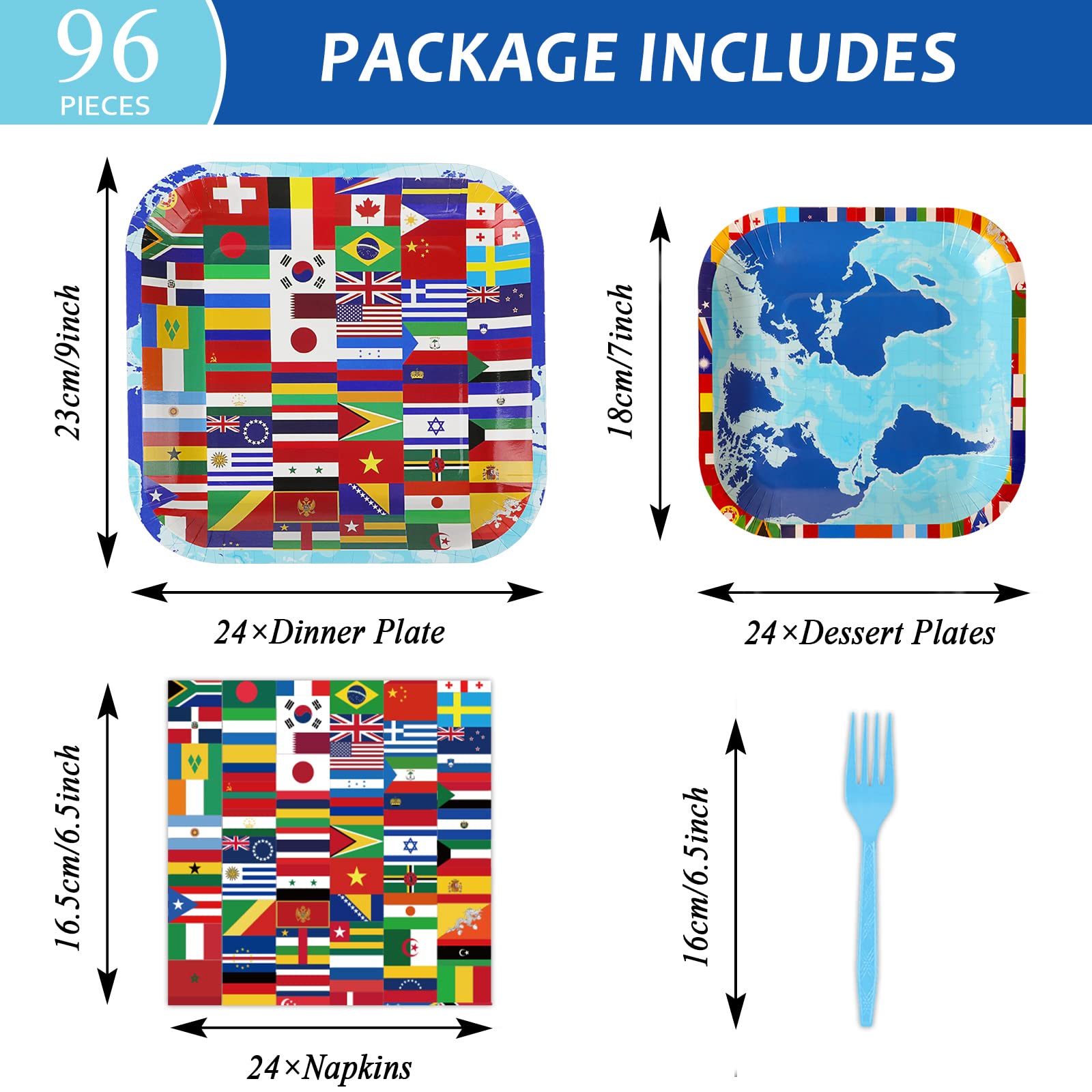 96 Pcs International World Flags Plates & Napkins Set - Travel Themed Party Supplies for Baby Shower, Birthday, Retirement Decorations - Around the Globe Tableware Favors Serving 24 Guests - Perfect for Travel-Themed Parties, Cultural Events & Global Celebrations