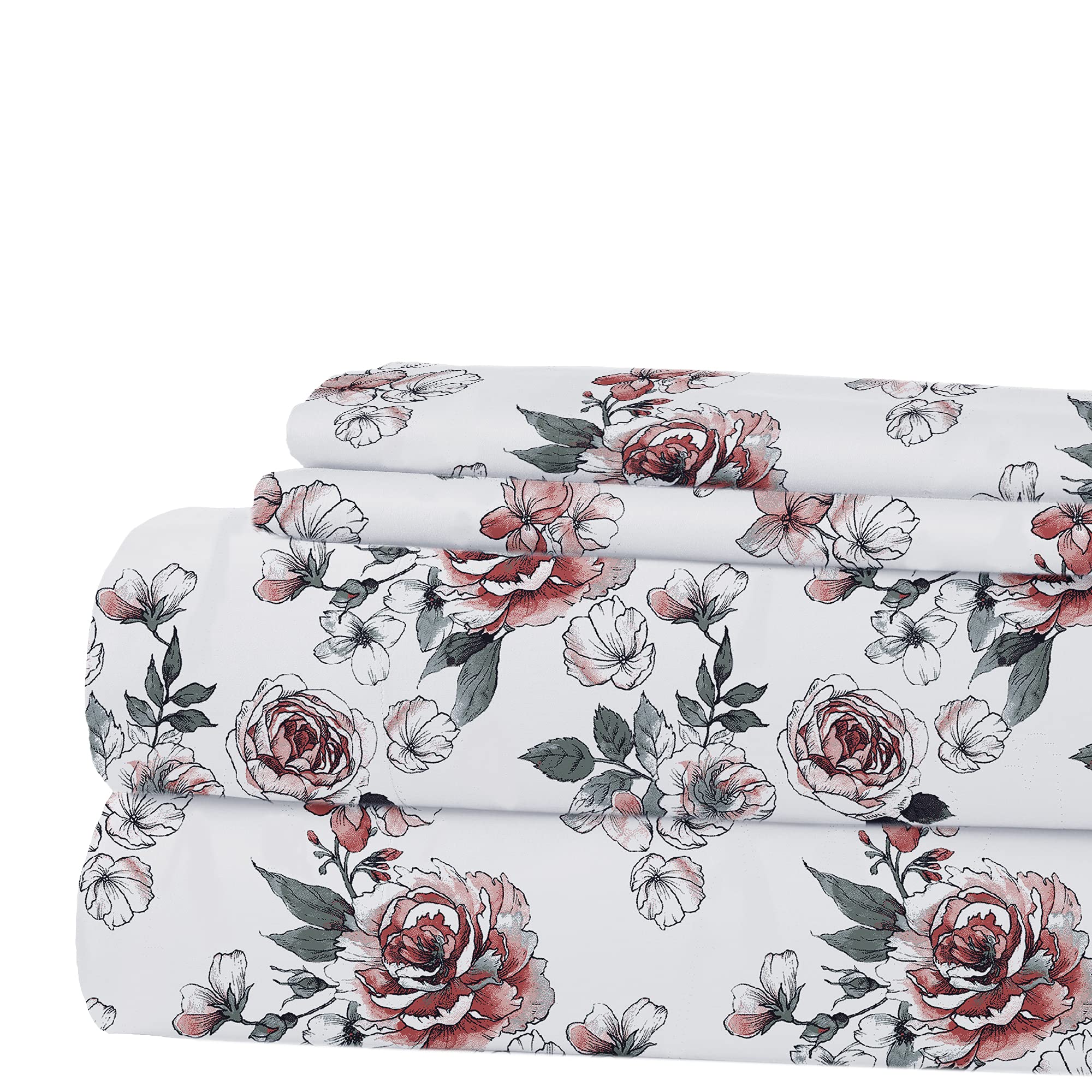 Modern Threads Printed 3-Piece Extra Soft Bed Sheet Set with Pillowcases - Deep Pocket Fits Mattress up to 16 Inches, Rose Bloom Design for Twin Size | Perfect for Cozy Bedrooms, Guest Rooms & Dorm Rooms