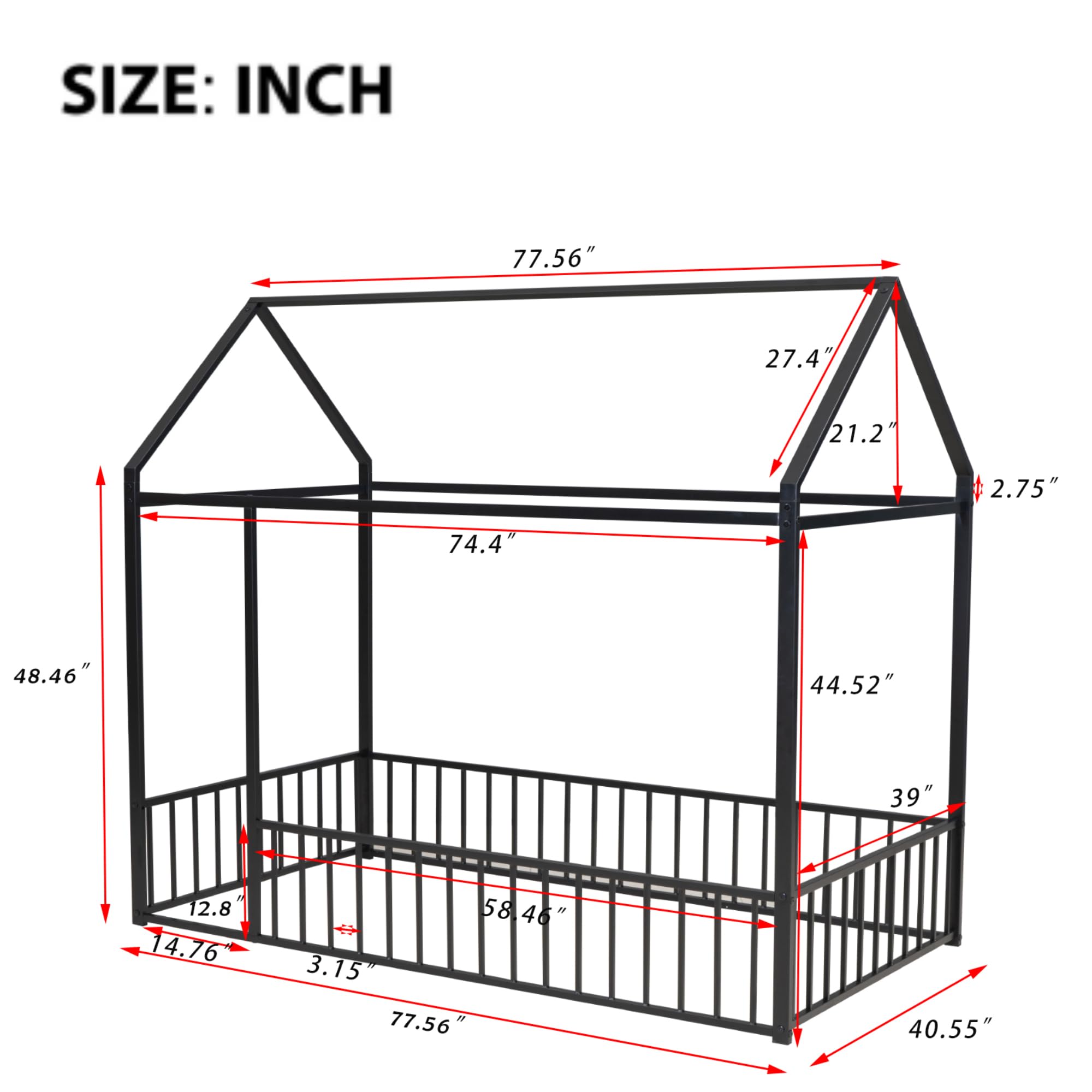 SOFTSEA Twin Size Metal Bed Frame with Fence - Sturdy House-Shaped Floor Bed with Safety Railings for Kids | Perfect for Bedrooms, Playrooms & Montessori Spaces (Black)