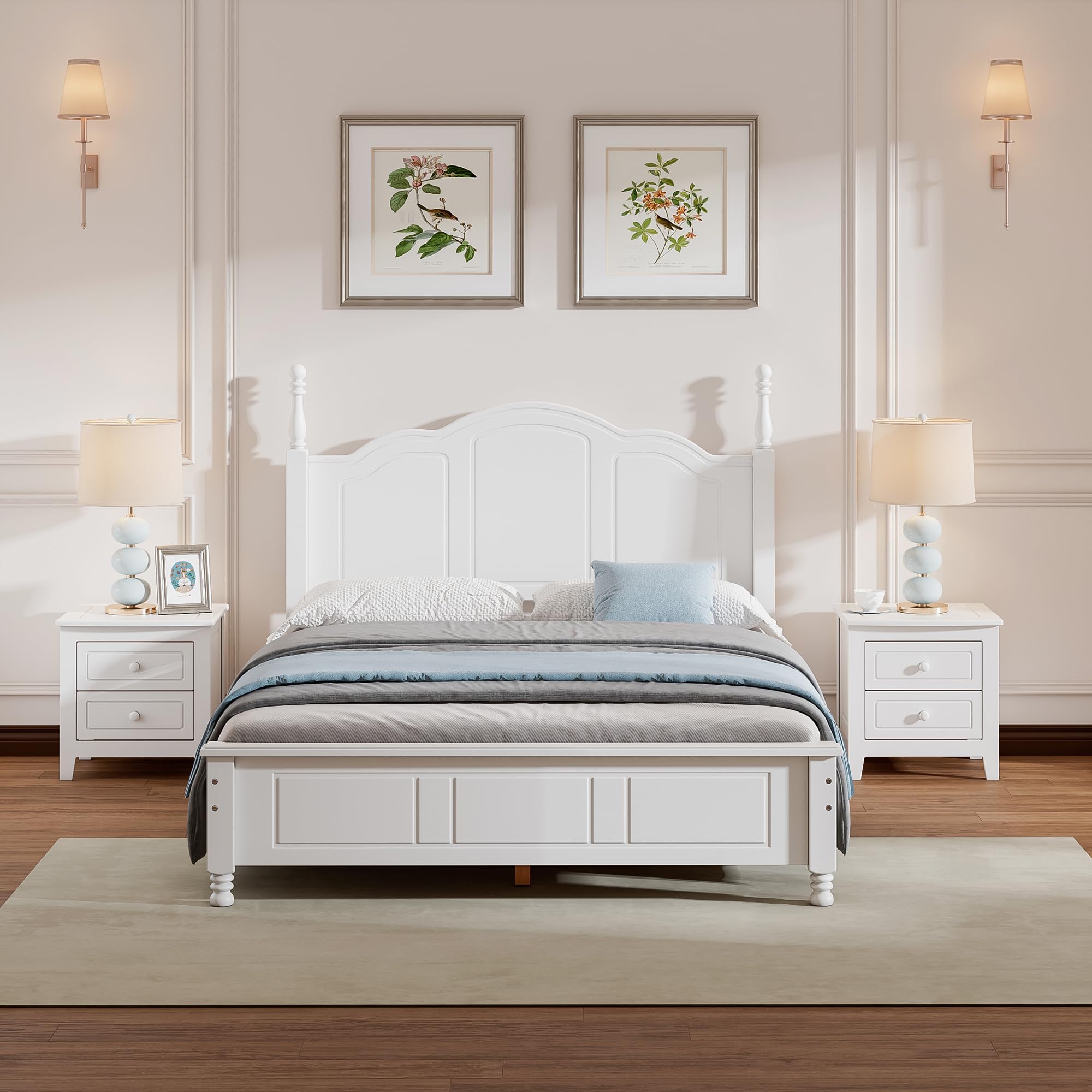 Harper & Bright Designs 3-Piece Full Bedroom Set - Wooden Full Size Platform Bed with 2 Nightstands, Retro Style Bedroom Furniture - Easy Assembly (White) - Perfect for Small Spaces, Guest Rooms & Vintage Home Decor