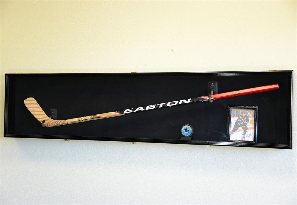 Premium Hockey Stick & Puck Display Case - Wall Mounted Full Size Rack Holder for Collectibles & Memorabilia - Perfect for Man Cave, Sports Room, or Hockey Fan Gift