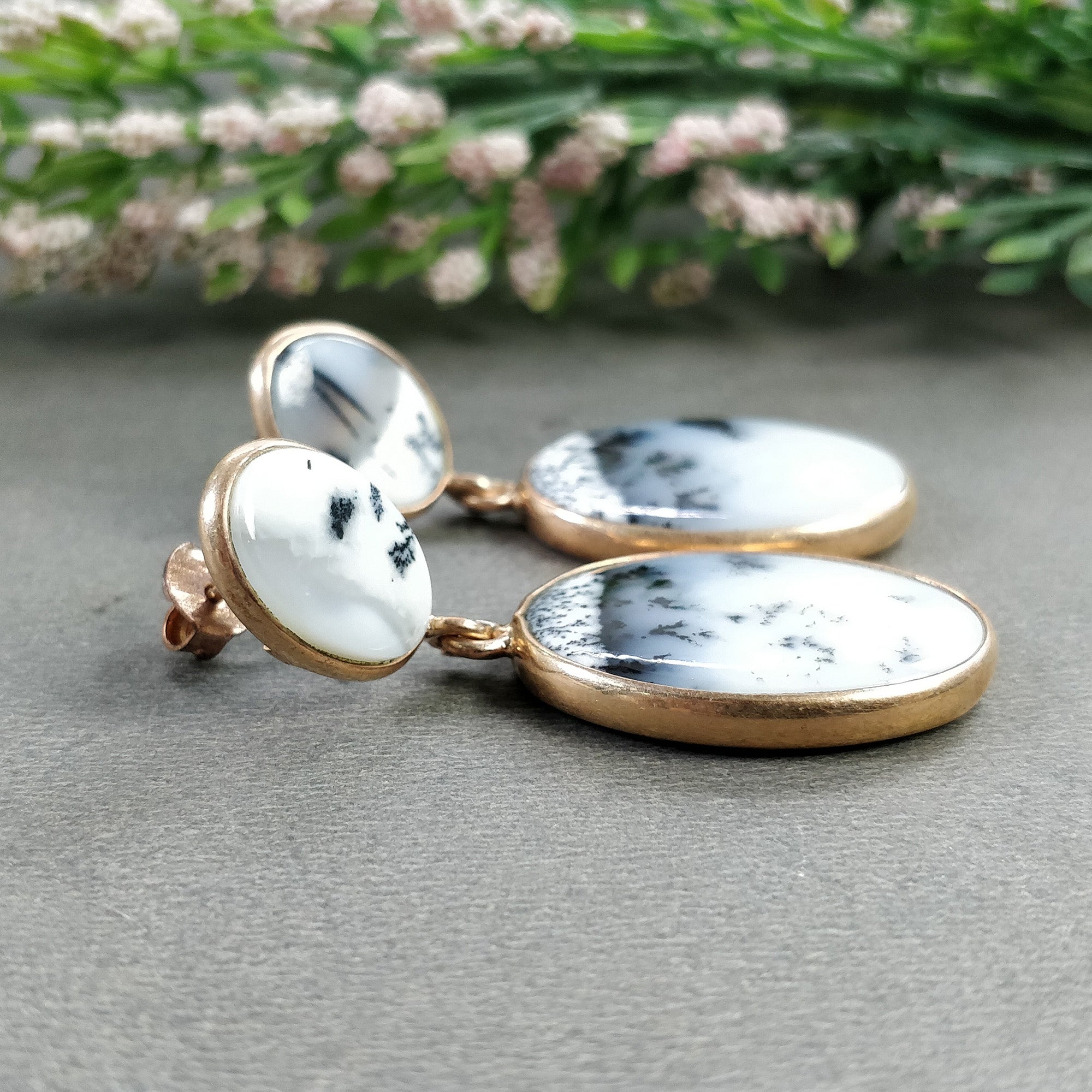 Botswana Agate Gemstone Earrings - 13.44g Natural 925 Sterling Silver Rose Gold Plated Oval Bezel Set Push Back Stud Earrings for Women | Elegant Jewelry Gift for Birthday, Anniversary & Special Occasions