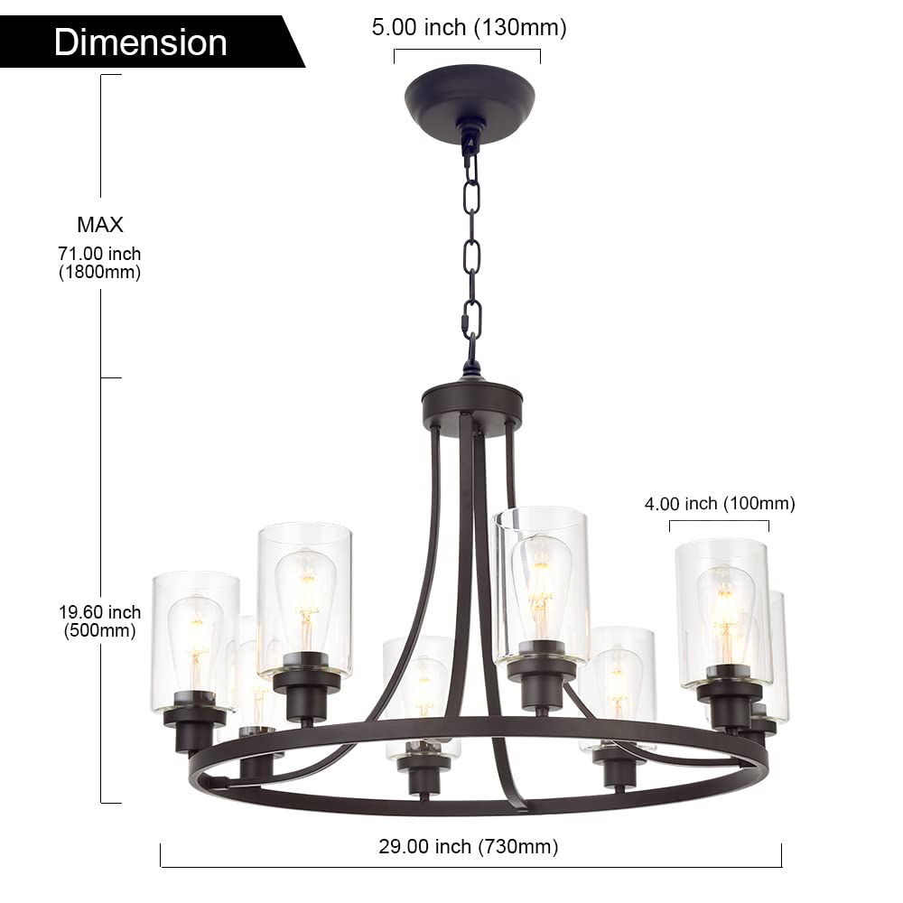 8-Light Farmhouse Chandelier Wagon Wheel - Industrial Kitchen Island Lighting in Oil Rubbed Bronze Finish - Rustic Dining Room Hanging Fixture for Farmhouse, Loft & Industrial Decor