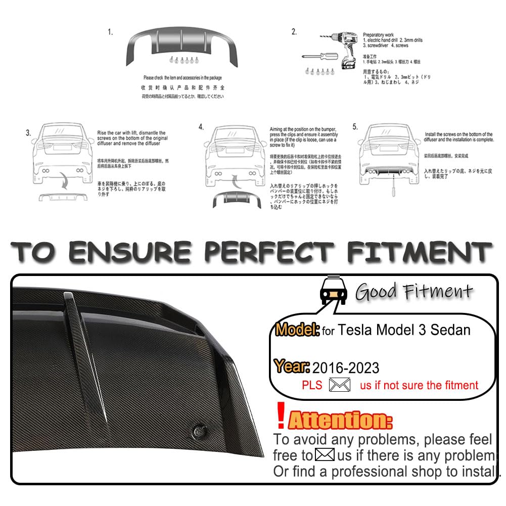 Carbon Fiber Rear Diffuser for Tesla Model 3 (2016-2023) - Rear Lip Diffuser Protector & Lower Bumper Spoiler Body Kit (Style C) | Factory Outlet | Enhance Aerodynamics & Style for Your Tesla Model 3 Sedan