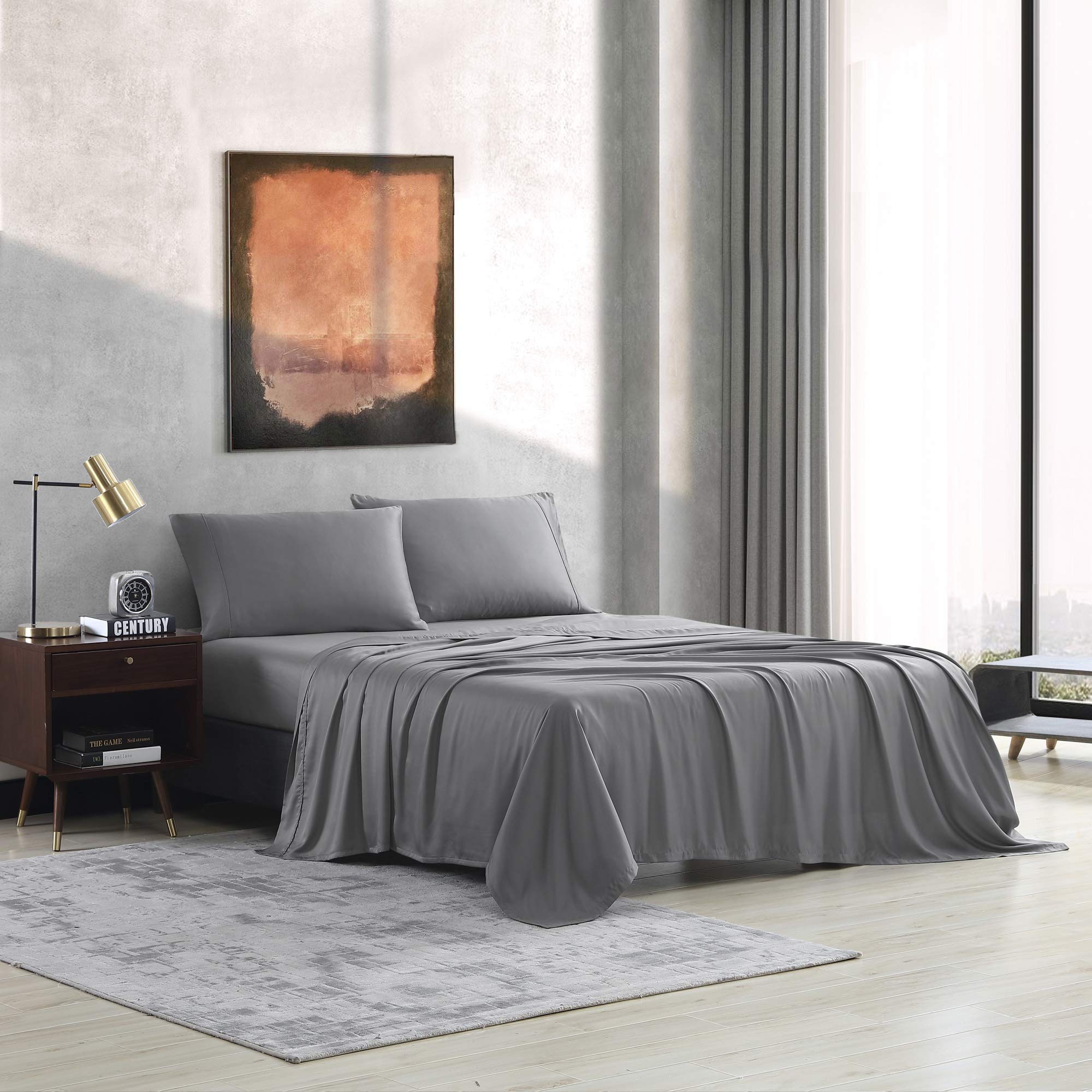 Valeron 100% Tencel Modal Sateen Woven Sheet Set - Luxuriously Soft, Breathable & Cooling Beech Tree Fiber Bedding - King Size Charcoal Grey - Perfect for Hot Sleepers & All-Season Comfort