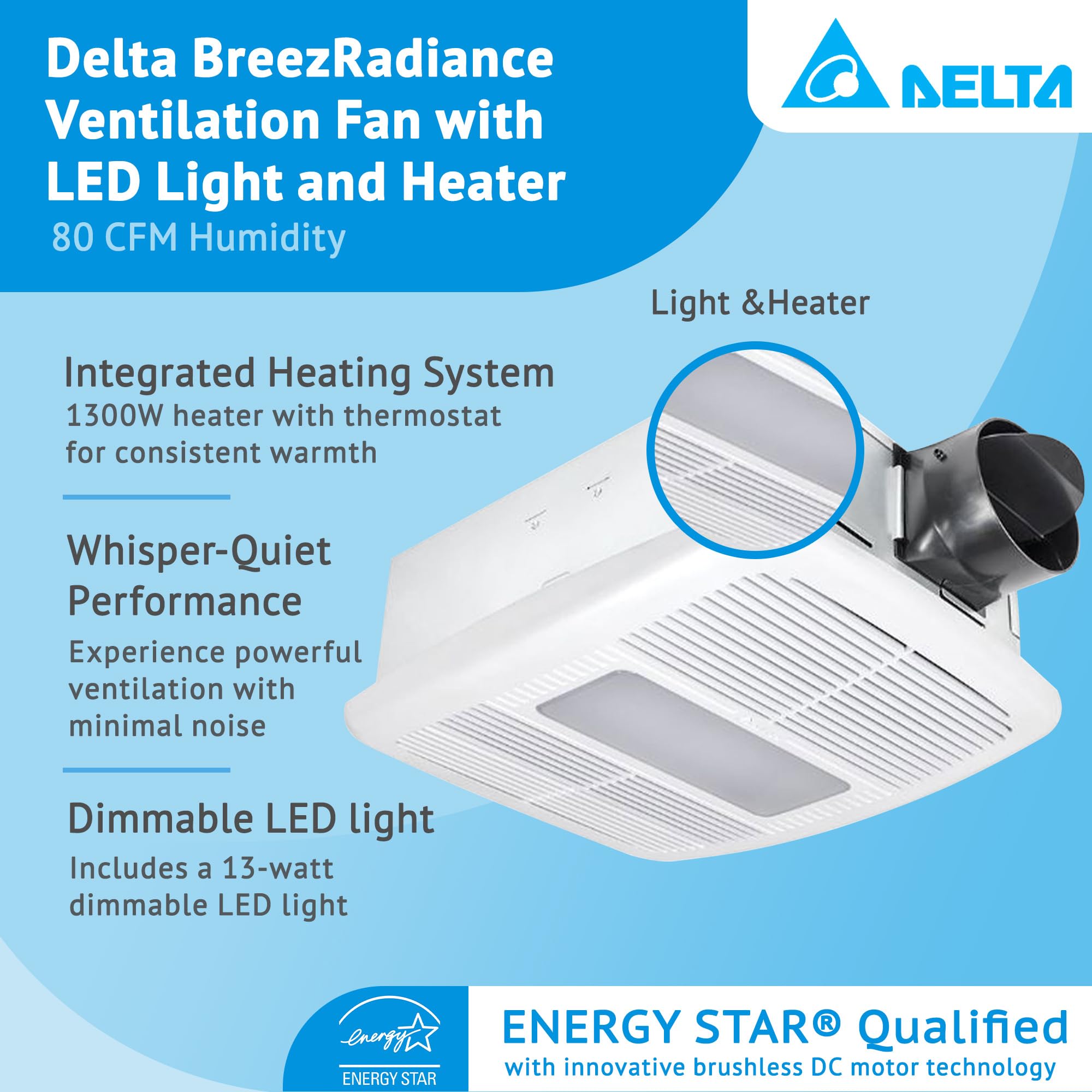 Delta Electronics RAD80LED BreezRadiance 80 CFM Bathroom Exhaust Fan with LED Dimmable Light and Heater - Quiet Ventilation for Bathrooms, Showers & Home Comfort