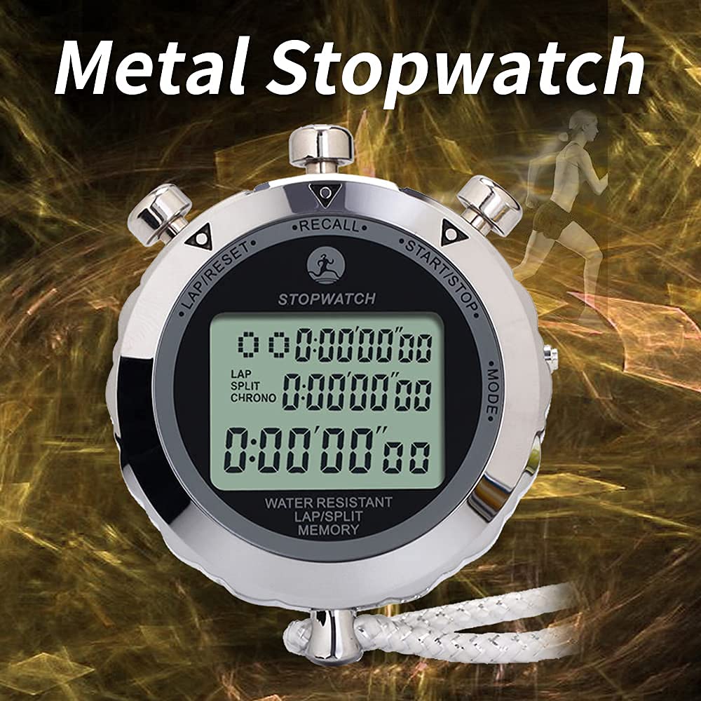 Digital Stopwatch with 10 Lap Memory - Water Resistant Metal Sports Timer for Track & Field, Swimming, Basketball, and Fitness Training