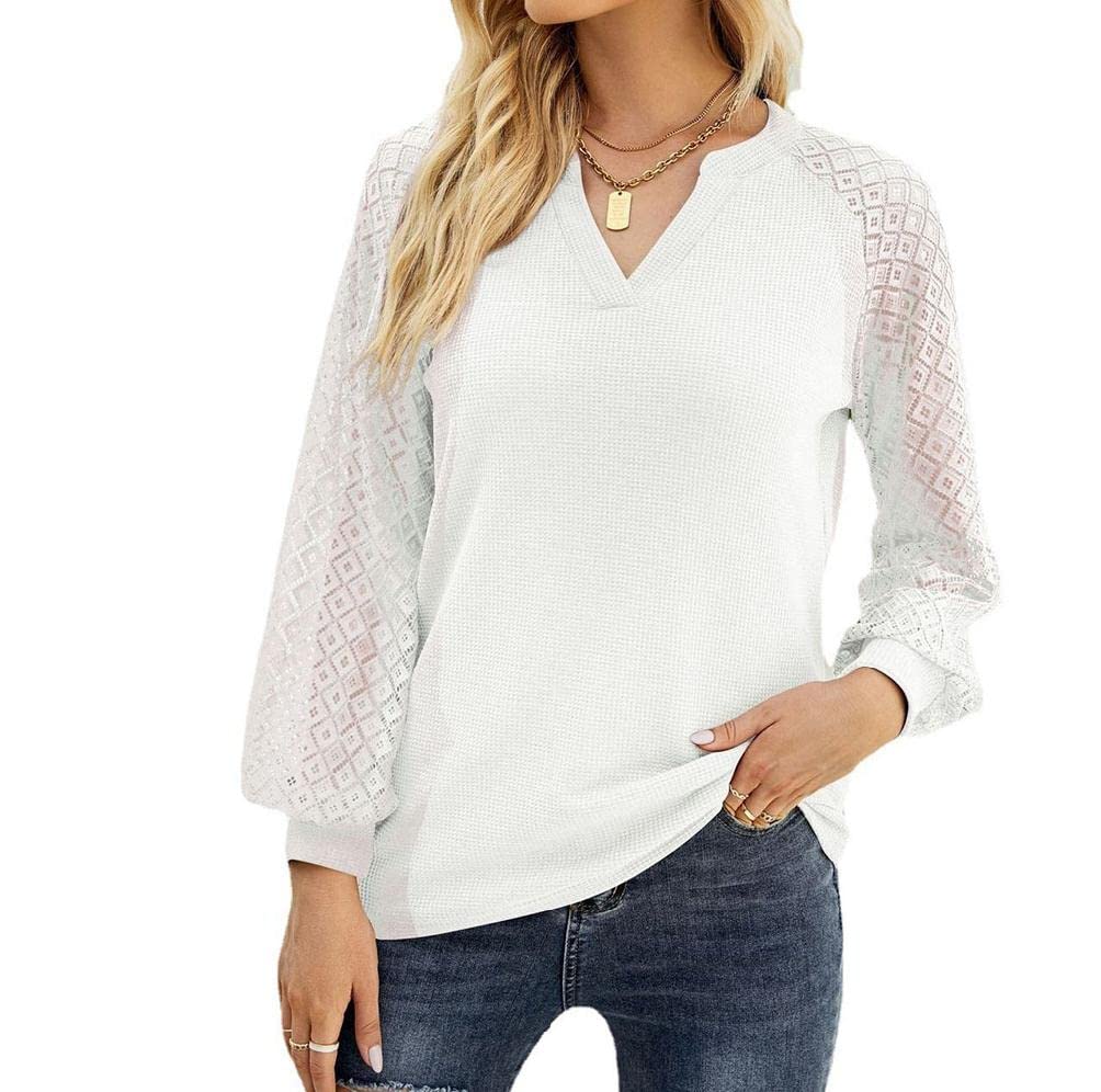 Women's Long Sleeve Lace Blouse - V-Neck Waffle Knit Tunic Top for Casual Spring Wear | Perfect for Office, Date Night & Weekend Outfits