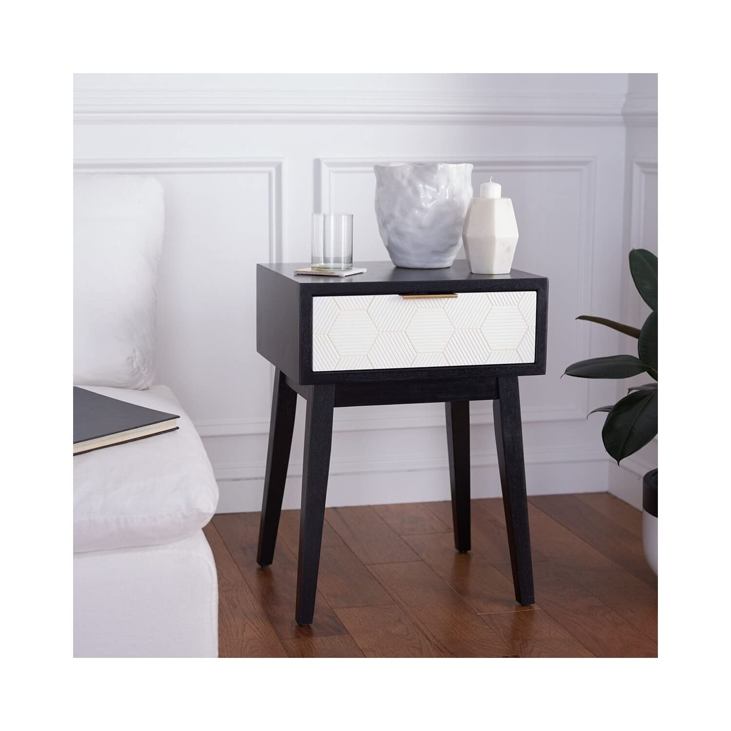 SAFAVIEH Keya Black & White 1-Drawer Nightstand - Modern Accent Table for Living Room, Bedroom & Entryway - Compact Side Table with Storage (Model ACC6601B) - Perfect for Small Spaces, Apartments & Dorm Rooms