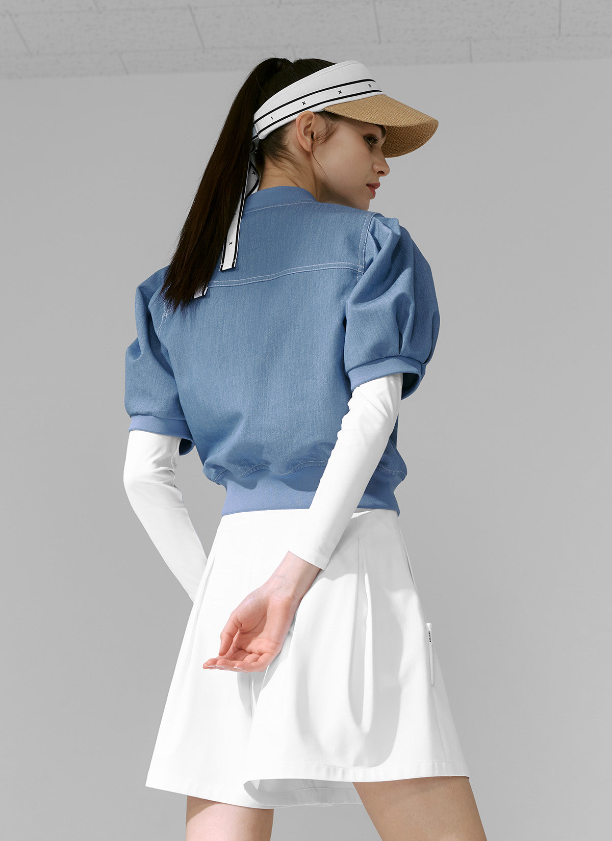 Stylish Denim-Look Puff Sleeve Short Sleeve Jumper - Casual Summer Outfit for Women | Perfect for Beach, Brunch & Date Nights