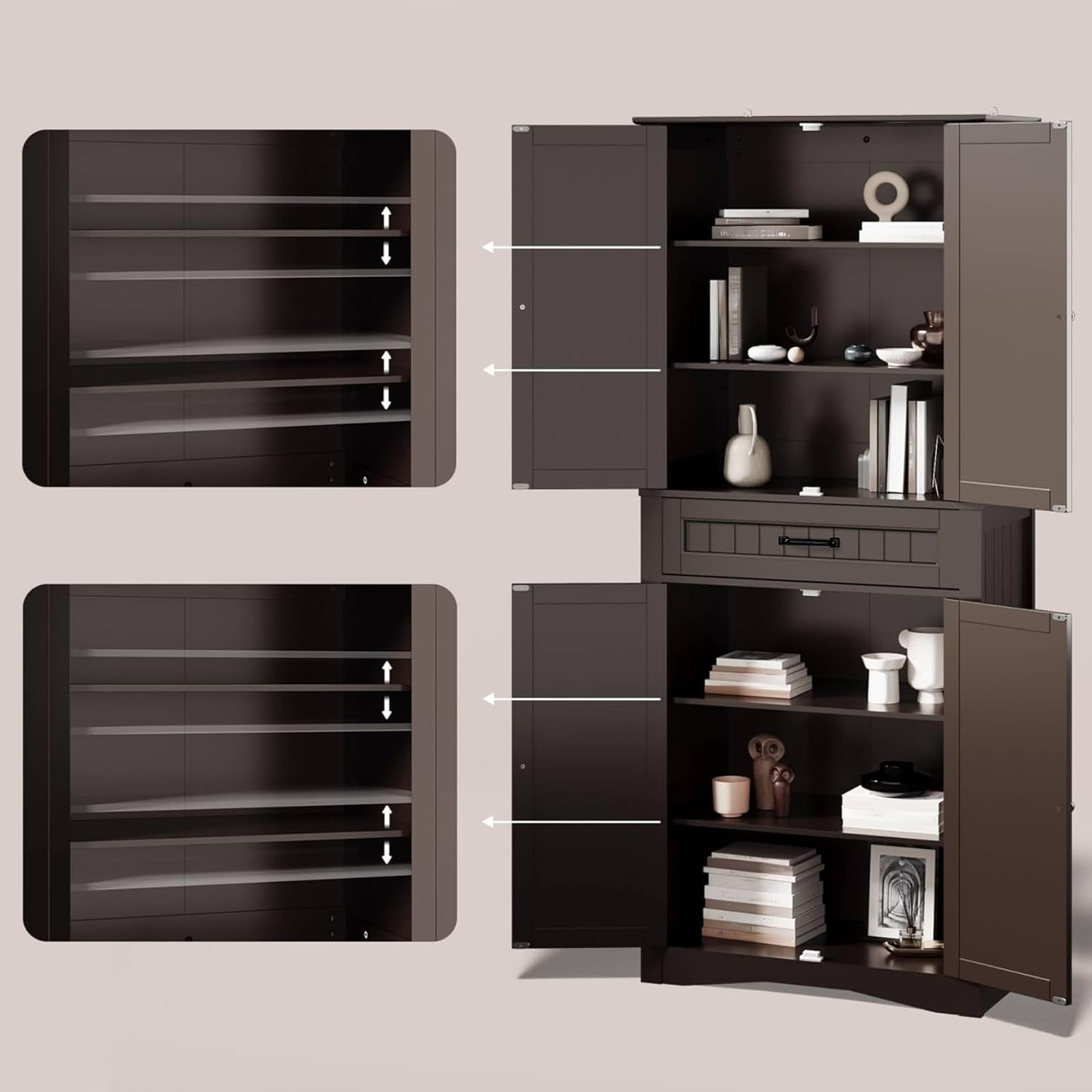 Gizoon 71 Inch Freestanding Pantry Cabinet with 4 Doors & 4 Adjustable Shelves - Large Storage Organizer for Kitchen, Bathroom, Living Room - Perfect for Storing Food, Toiletries & Home Essentials
