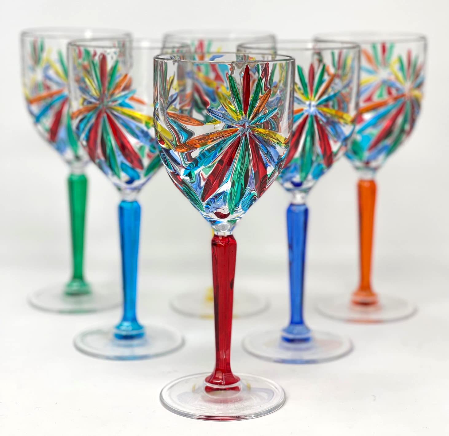 Authentic Italian Murano Style Wine Glasses - Set of 6 Hand-Painted Colorful Starburst Drinking Glasses for Parties, Weddings & Home Decor