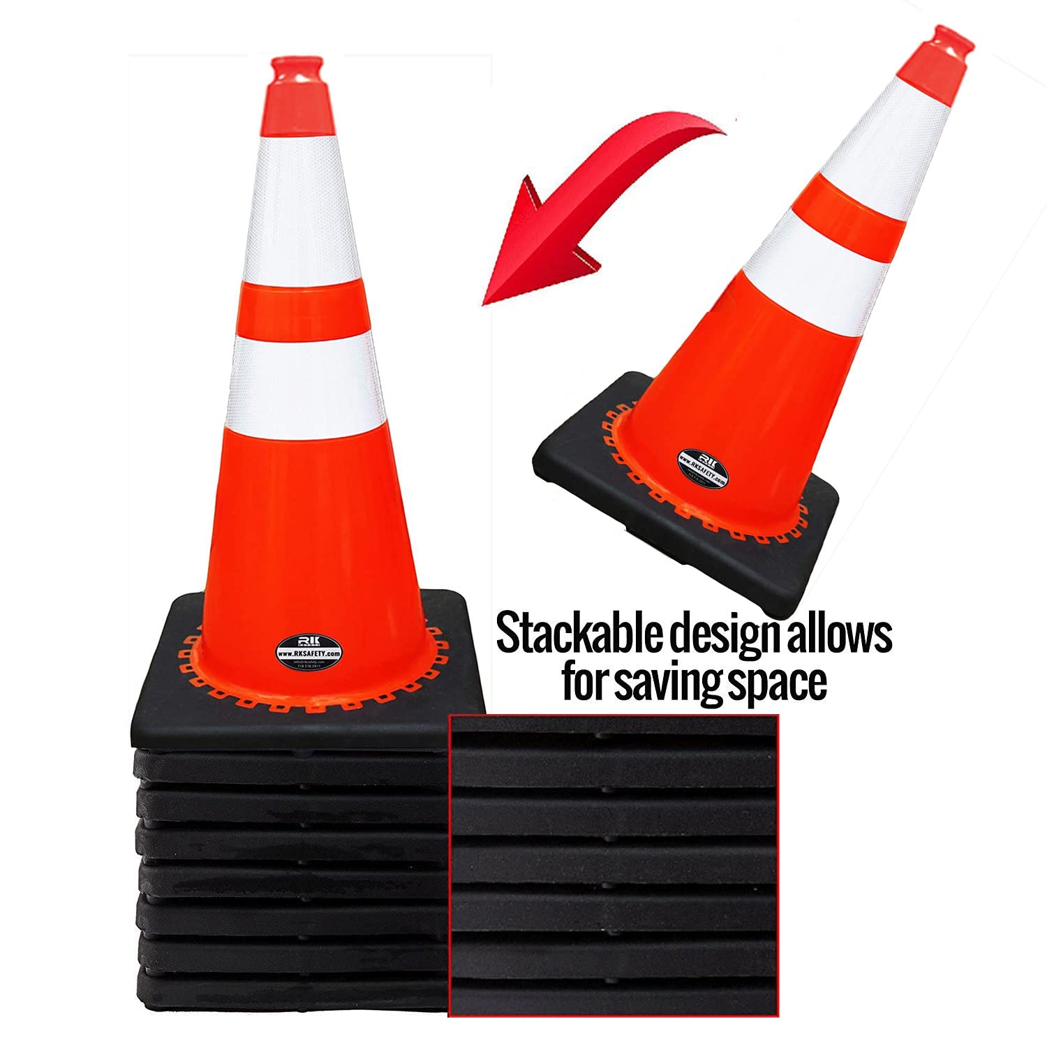 RK Safety Traffic Cones (Set of 8) - 28 Inch Orange PVC Cones with 6