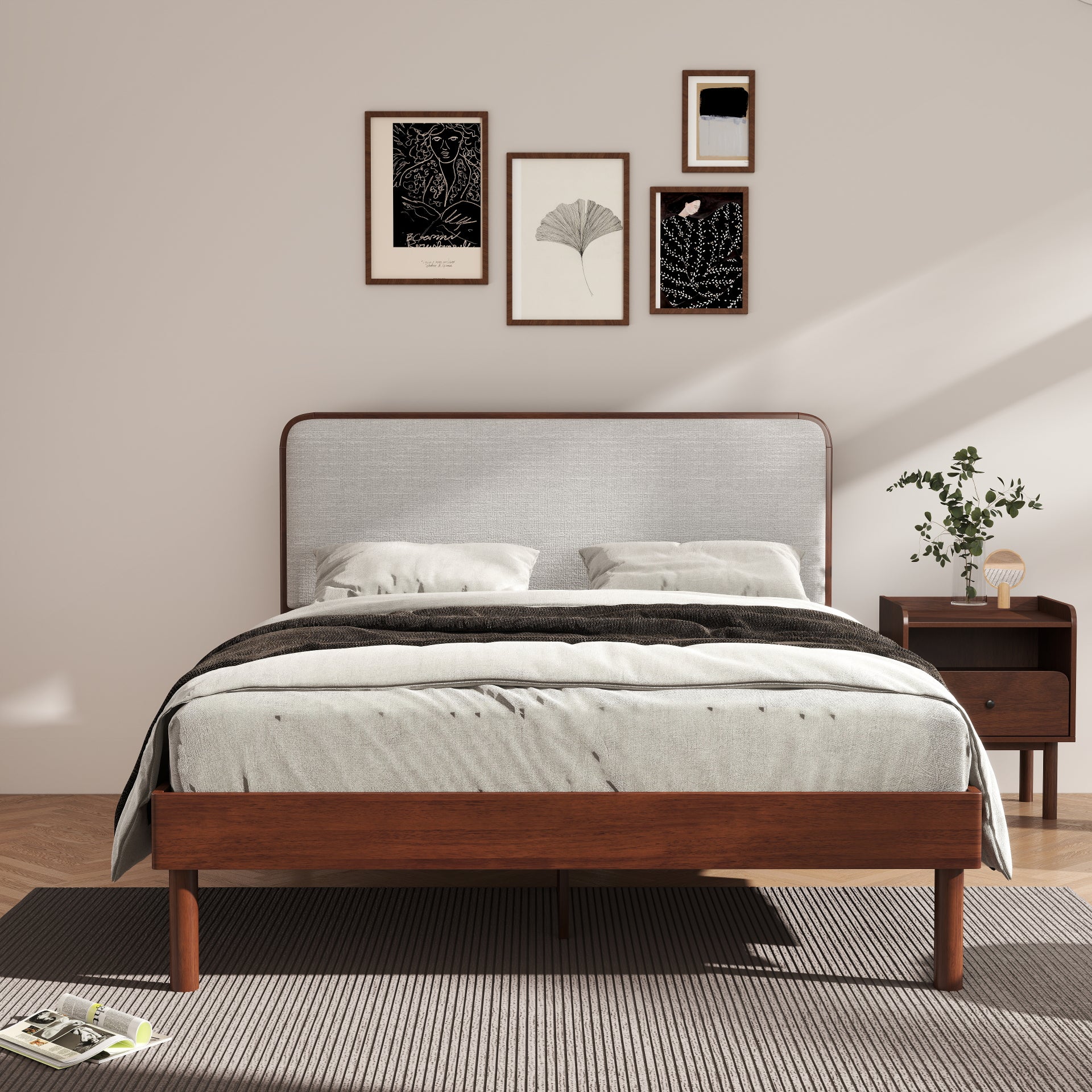 Roundhill Furniture Wyller 2-Piece Queen Bedroom Set - Platform Bed with Nightstand in Natural Walnut Finish | Perfect for Modern & Minimalist Bedroom Decor