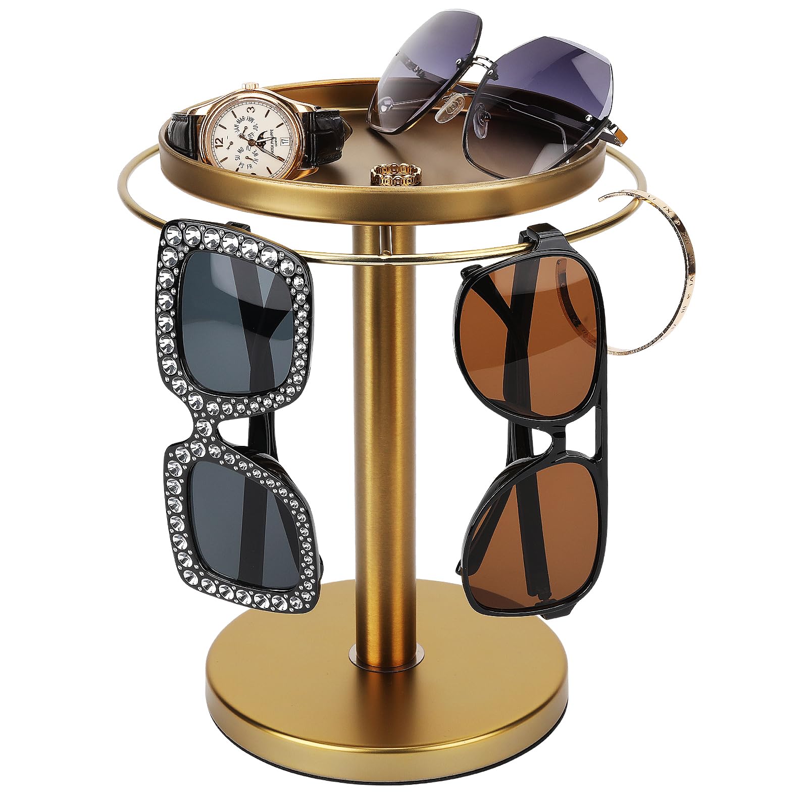 360° Rotating Sunglass Organizer - Stainless Steel Glasses Holder Stand with Tray for Desk, Dresser & Nightstand | Space-Saving Eyewear Storage for Home & Office Decor (Gold)